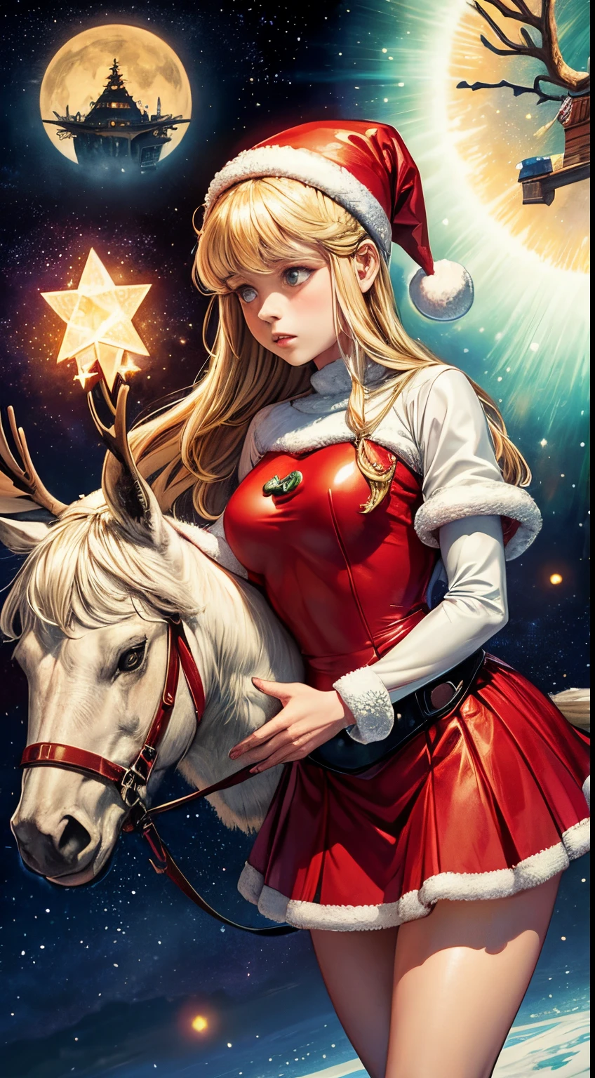 Elsa Beskow, Mabel Attwell, John Romita Jr., Surreal, mysterious, strange, fantastical, fantasy, Sci-fi, Japanese anime, beautiful blonde miniskirt girl Alice in a bright red Santa costume, riding a reindeer sleigh through the night sky, Christmas presents piled up on the carrier, stars, aurora, hyper detailed masterpiece