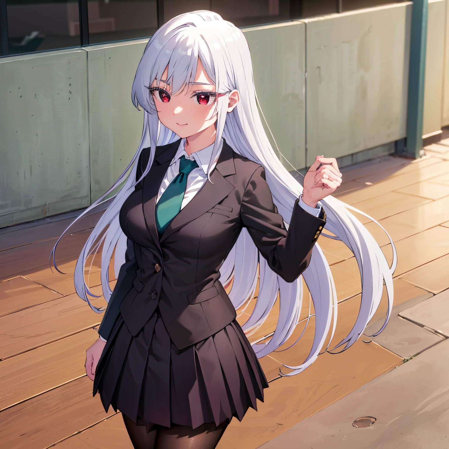 1girl, alone, nano Eiai, red eyes, white hair, long hair, green tie, black jacket, black miniskirt, pleated skirt, collared shirt, long sleeves, white shirt, school, pantyhose, embarrassed, makeup, smiling, seductive, black pantyhose, large breasts, medium waist, medium hips, wide thighs, school, indoor, standing, walking, wind, levitated hair, 1 girl, (masterpiece), (high resolution), (8K), (extremely detailed ), (4k), (pixiv), perfect face, pretty eyes and face, (best quality), (super detailed), detailed face and eyes, (only), textured skin, absurdities, high resolution