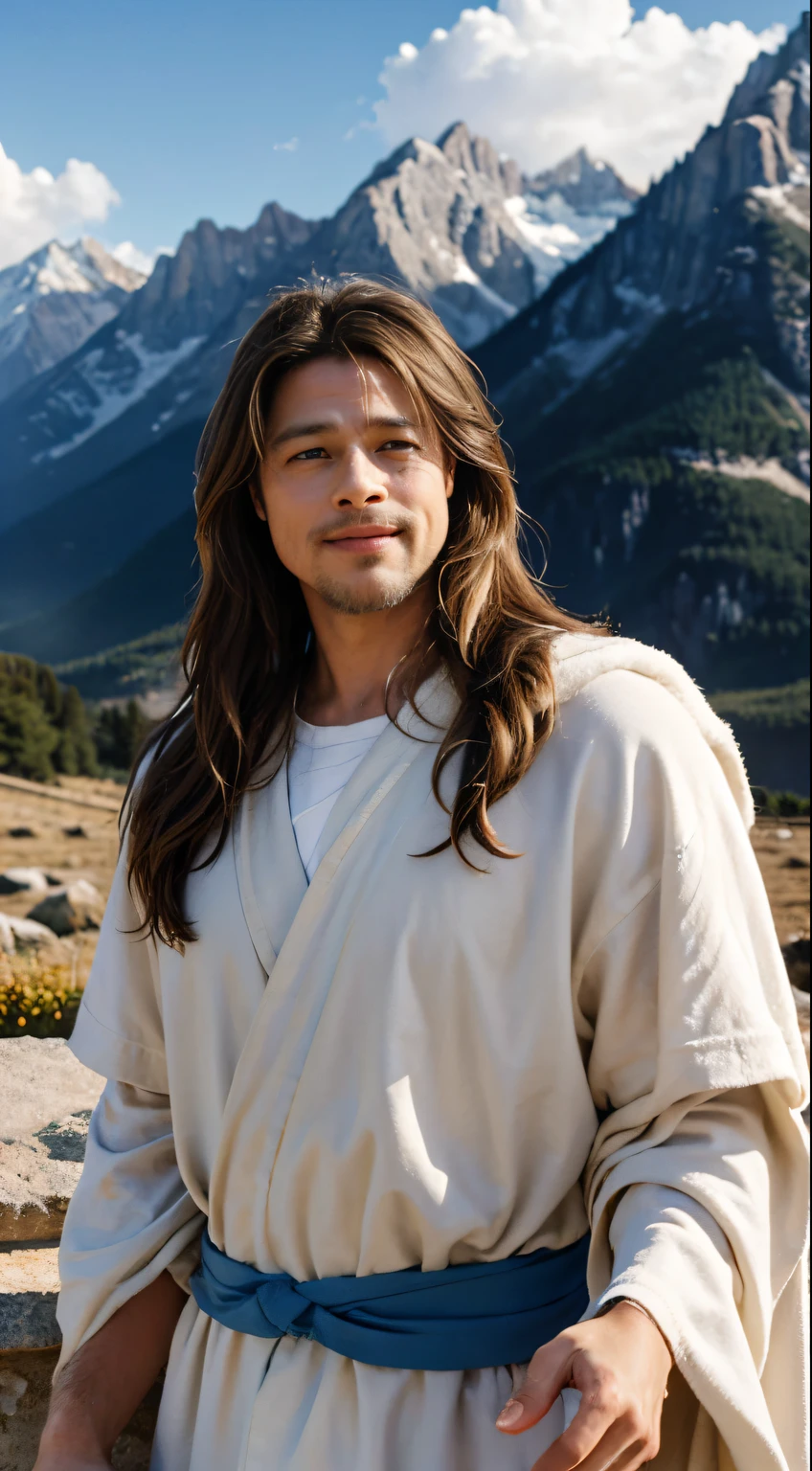 high-definition picture,Jesus,Portrait,Filming a movie, Brad Pitt as Jesus Christ,,Soft light, Man with long brown hair and beard, Wearing a white robe and blue sash,  gently smiling, Mountains and clouds on background, 8K, Oil Painting