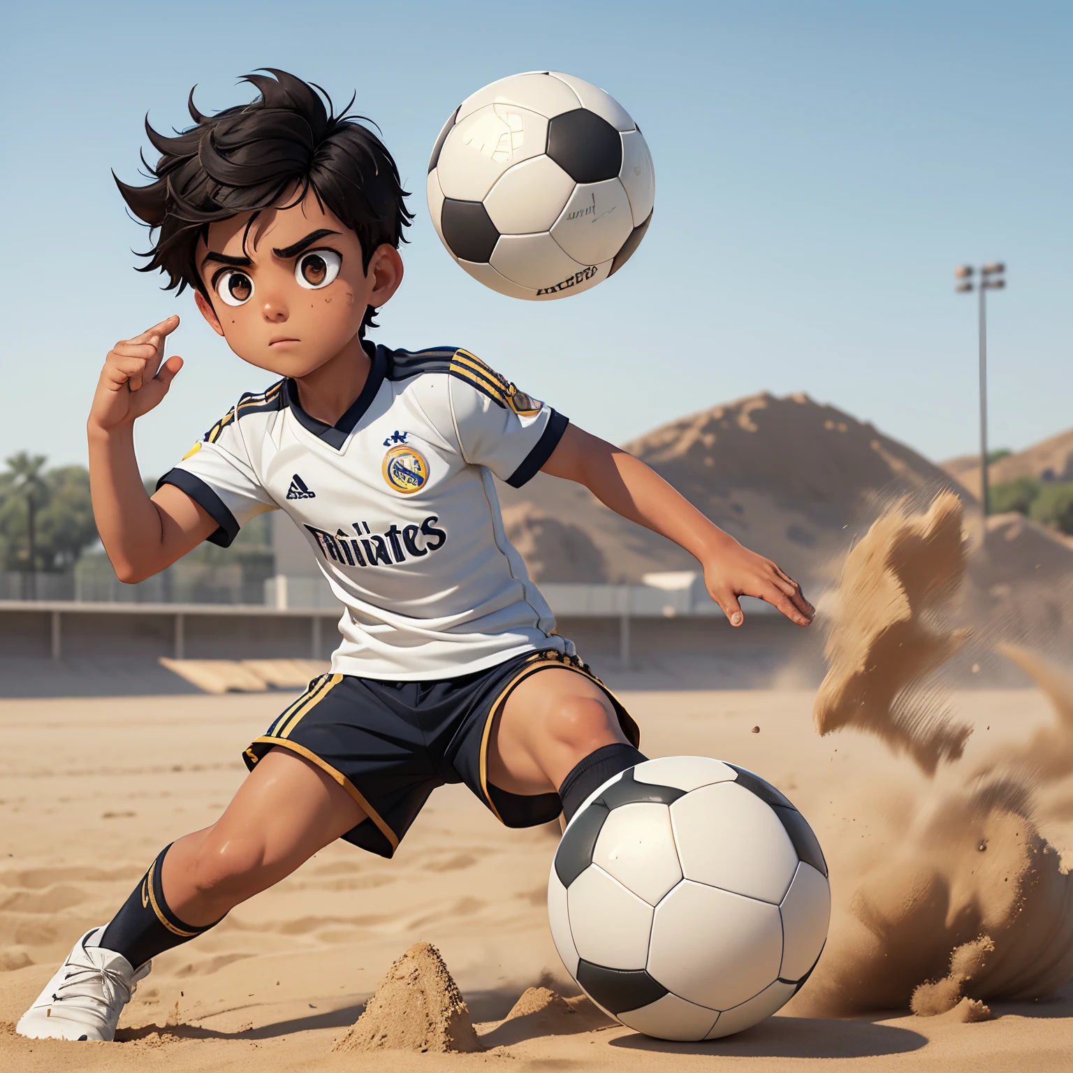 Young boy, black hair, thick eye brows, wearing classic Rial madrid white and gold football kit  , playing with a old  football, in sand and gravel  flat surfaces pitch , dusty, ruff attire, hot day, dark brown eyes, messy hair, kicking the ball, poor