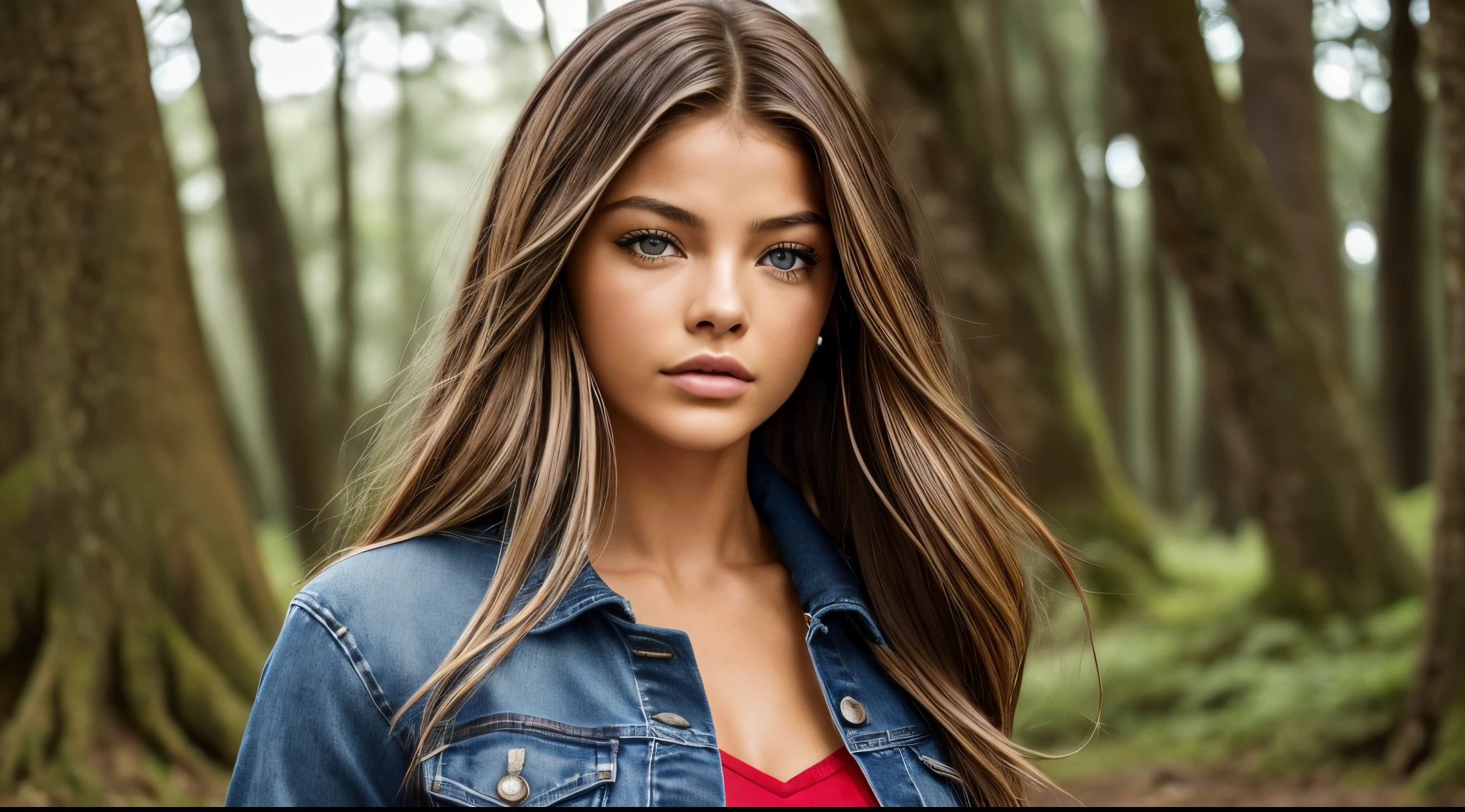 Maximum Extreme Hyper realistic, Maximum Extreme Hyper Detailed, Hyper-Sharp Extreme Maximum, Hyper-Sharp Extreme Maximum, Extreme maximum close-up, frente fronta, corpo inteiro, retrato, Thylane Blondeau linda mulher, (((Bom modelo, com longos cabelos negros e ultra detalhados, com olhos azuis, vestido com uma jaqueta vermelha gradiente e blusa branca estampada com letras japonesas, jeans,))))((((ultra realista 8k, super detalhe), Post-processing, (Arte Splash), Perspectivas exageradas, cores naturais, (Colorido e altamente detalhado )))) , CORRENDO NA FLORESTA EM CHAMAS