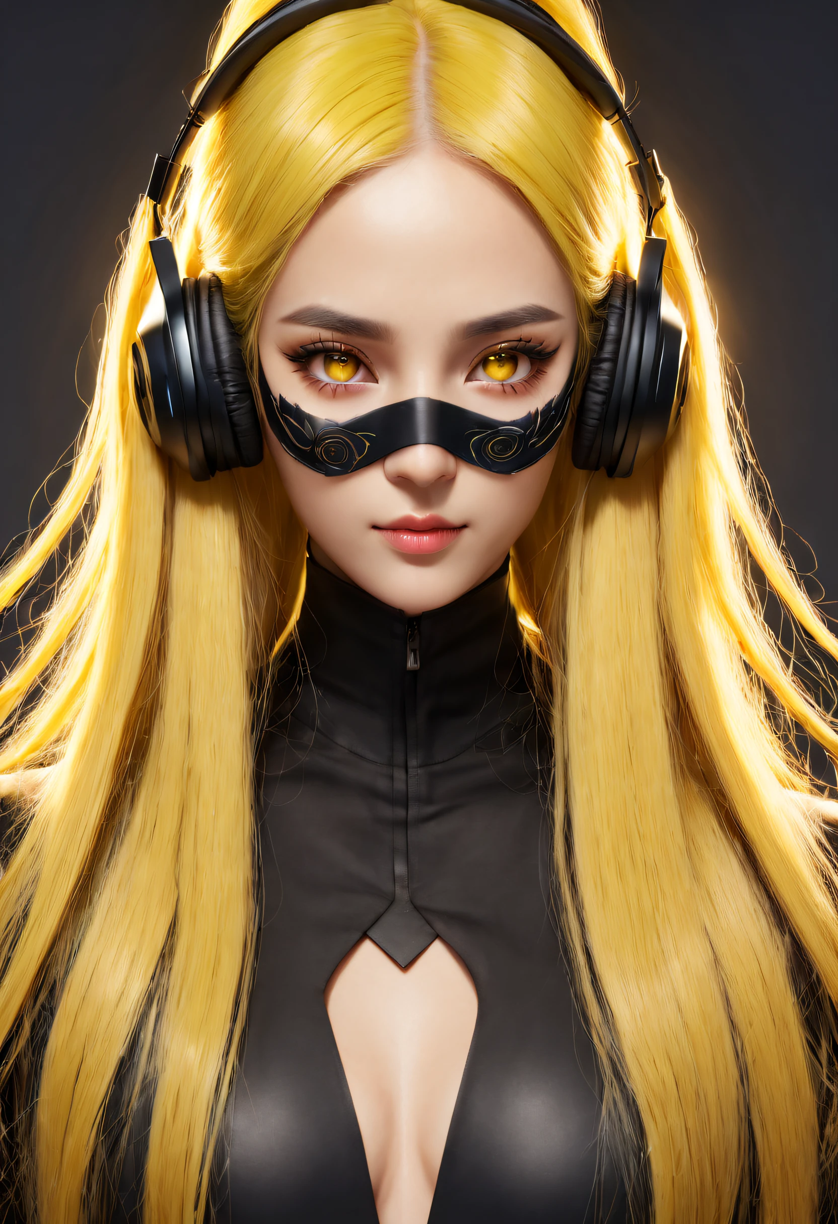 girl with long yellow hair, yellow eyes, futuristic vibes, mask on mouth, headphones, 8k, high quality, simple background, glowing eyes, nice pose