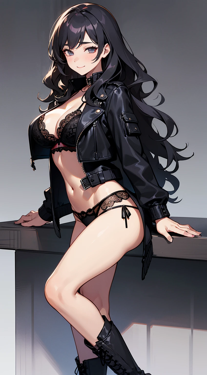 (8K、highest quality、masterpiece:1.2)、Super detailed、super resolution、Realistic、(1girl) 、(black hair)、long hair,straight hair,black eyes、(face focus,cowboy shot),(bra,white panties)、(grin:1.3),open mouth、cute face,blush、large breasts,(simple background),