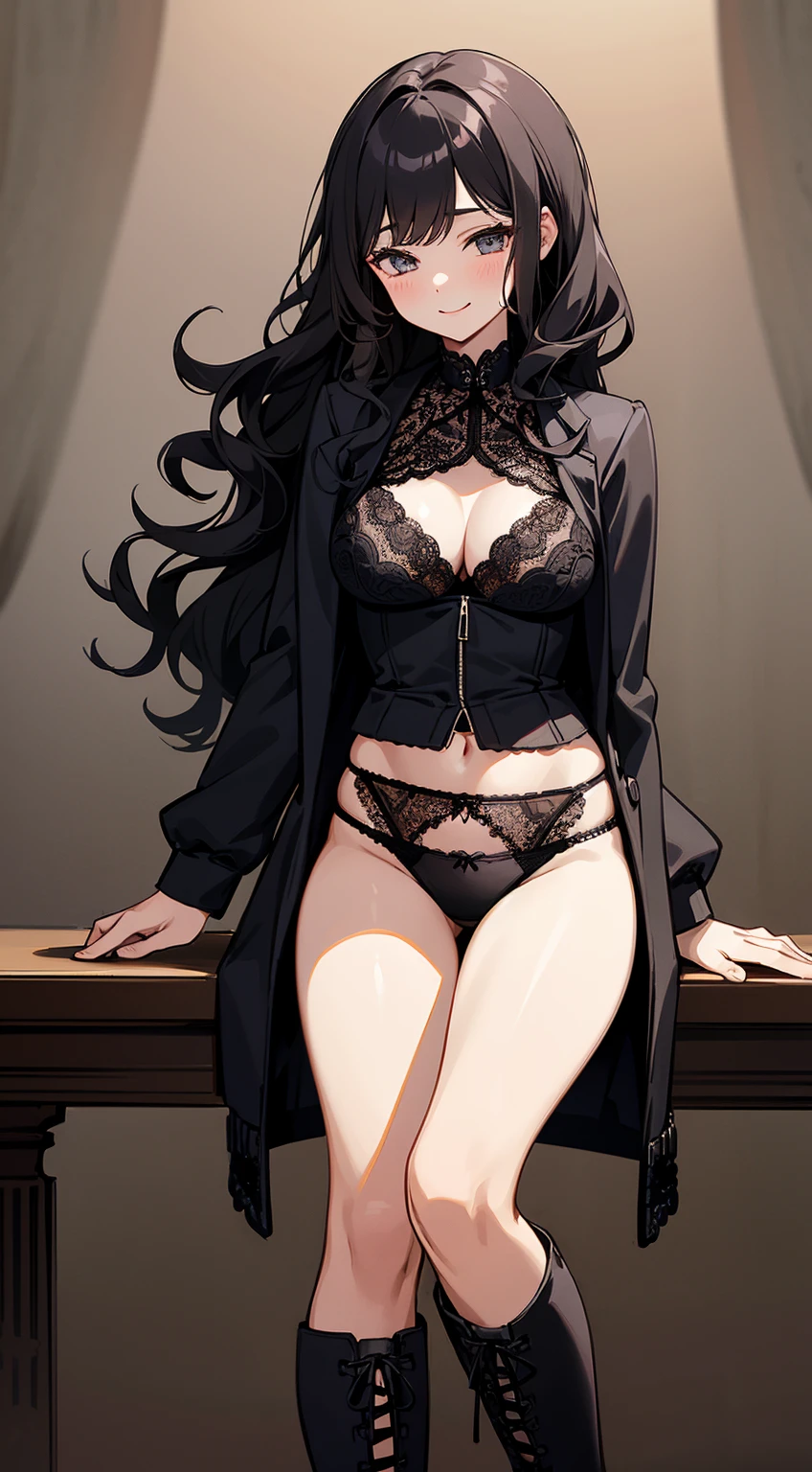 1girl , mature , adult, Solo, tall, wavy hair, Shy face, smiling, luxury set, lace panties, (intricate lace black panties), perfect breast (intricate lace bra) fishnet, boots, open jacket , black punk Jacket,