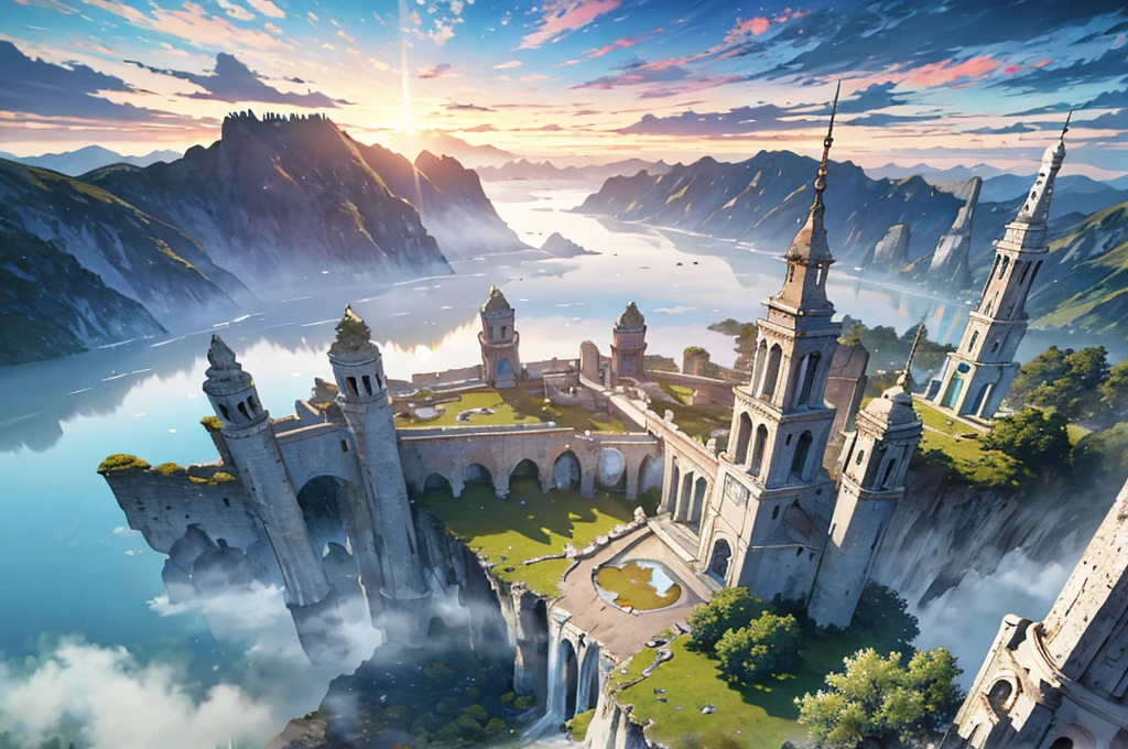 masterpiece, best quality,ultra-detailed, fine detailed, 8k, scenery, landscape, no humans, wide shot, sunrise sky, white cloud, multiple floating islands, multiple towers of various sizes, ancient structures, ruins, cityscape, forest, waterfall, nature, ray tracing, refraction, cinematic lighting, fisheye lens, tyndall effect
