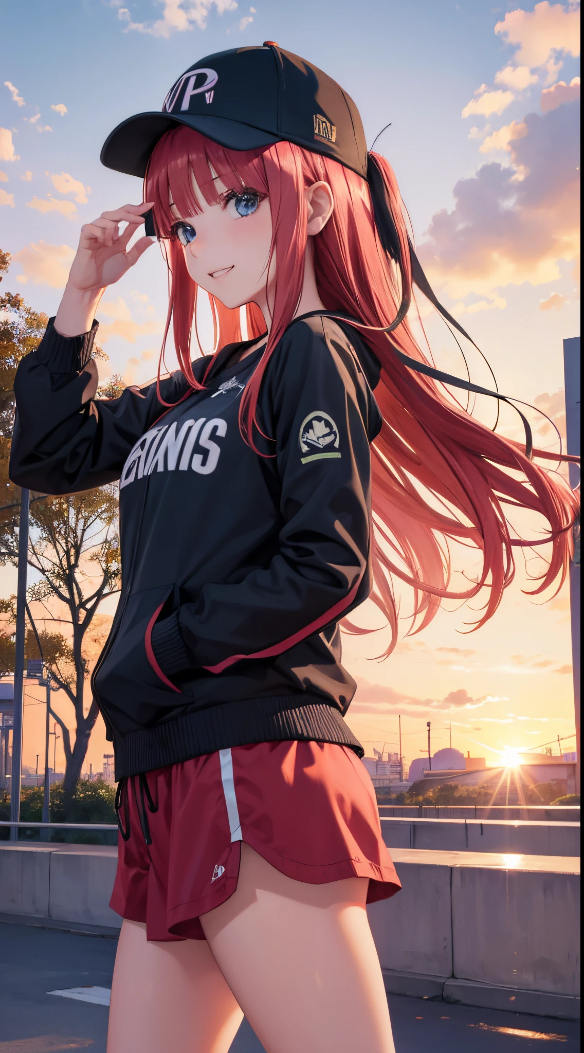 Nino Nakano riendo,pose sexy,ropa deportiva con gorra,chamarra,parque atardecer