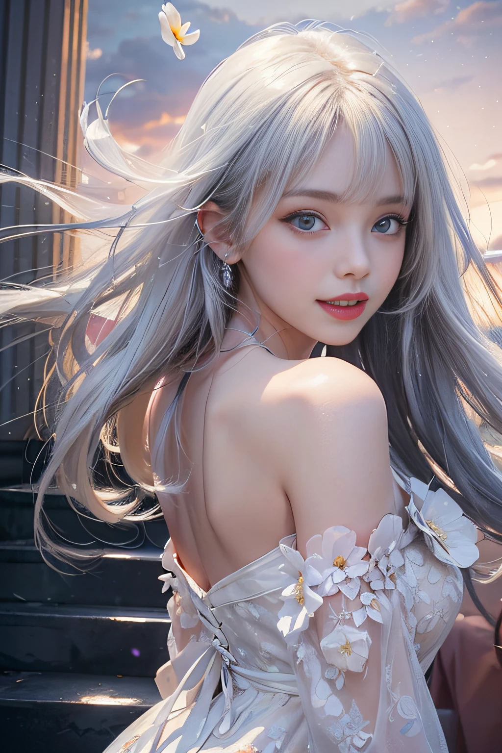 1girl in, Long hair, Straight hair, Sparkling eyes, PUPILS SPARKLING, longeyelashes, makeup, Smile, Modern, depth of fields, One-person viewpoint, POV, close-up, Wide Shot, From below, wide angles, F/1.8, 135 mm, canon, nffsw, retinas, ((A girl standing in front of the theater stairs))、 (Golden white hair)((A girl standing in front of the theater stairs))、((posterior view))、((Looks Back)),(portlate、bright expression、Young shiny shiny white shiny skin、Best Looks、ultimate beauty girl、The most beautiful platinum blonde hair in the world、shiny light hair,、Super long silky straight hair、Beautiful bangs that shine、Glowing crystal clear attractive blue eyes、Very beautiful nice cute girl、Lush bust、、 Silver hair, Bangs, Blunt bangs, Long straight hair, aqua eyes, longeyelashes, Solid Circle Eyes, makeup, Open mouth, blush, Parted lips, Bright pupils, smiley, Seductive smile, glint, surrealism, Modern、Black pantyhose、high-heels、mix4、((Pure white dress、Floral dress、、off shoulders、up skirt: 1.6))、Skyscrapers are hazy in the windows、((Skirt soars in the wind)),((Showing white thong panties)),((Raise the hem of the skirt with your hands))