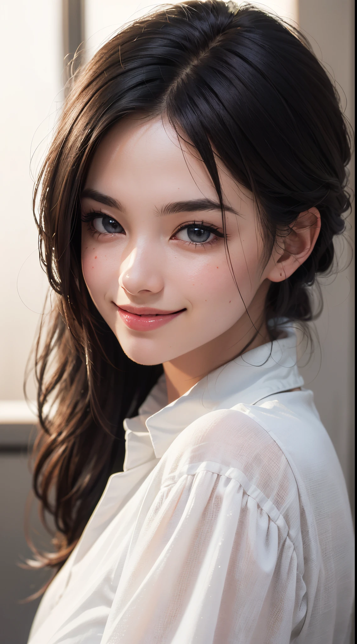 (ultra high res.photorealistic:.1.4,UHD), (best quality, 4k, 8k, high-res, masterpiece:1.2), ultra-detailed, (realistic, photorealistic, photo-realistic:1.37), (beautiful detailed eyes, beautiful detailed lips, extremely detailed eyes and face), studio lighting, physically-based rendering, vivid colors, (two-tone color, black & white), (portrait, shiny hair, shiny skin), (blurred background), (tilt your head to the side:1.5), (smile and laugh),