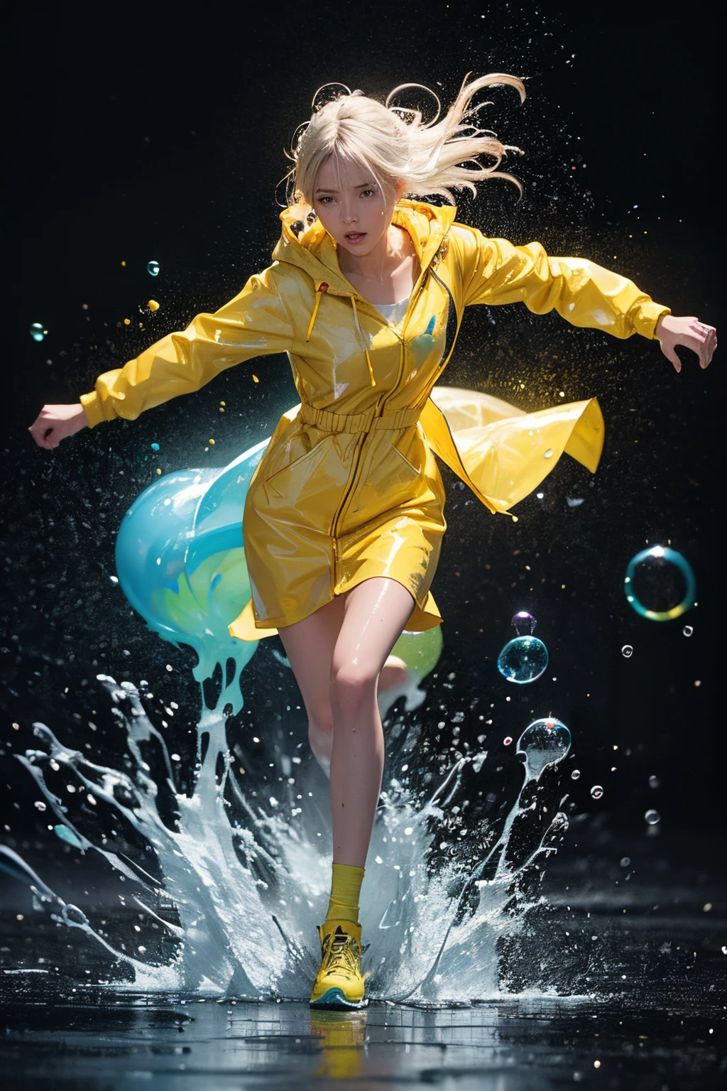 Full body cinematic photo of a woman running towards the viewer, Wearing yellow raincoat standing among bubbles abstract color painting, paint splatter, Wet hair, paint rain, Soft and smooth shape，Various vibrant and pastel shades，Contrast with abstract and minimalist background, 35 mm photo, cinematic ligh, bokeh, professional, 4K, The is very detailed