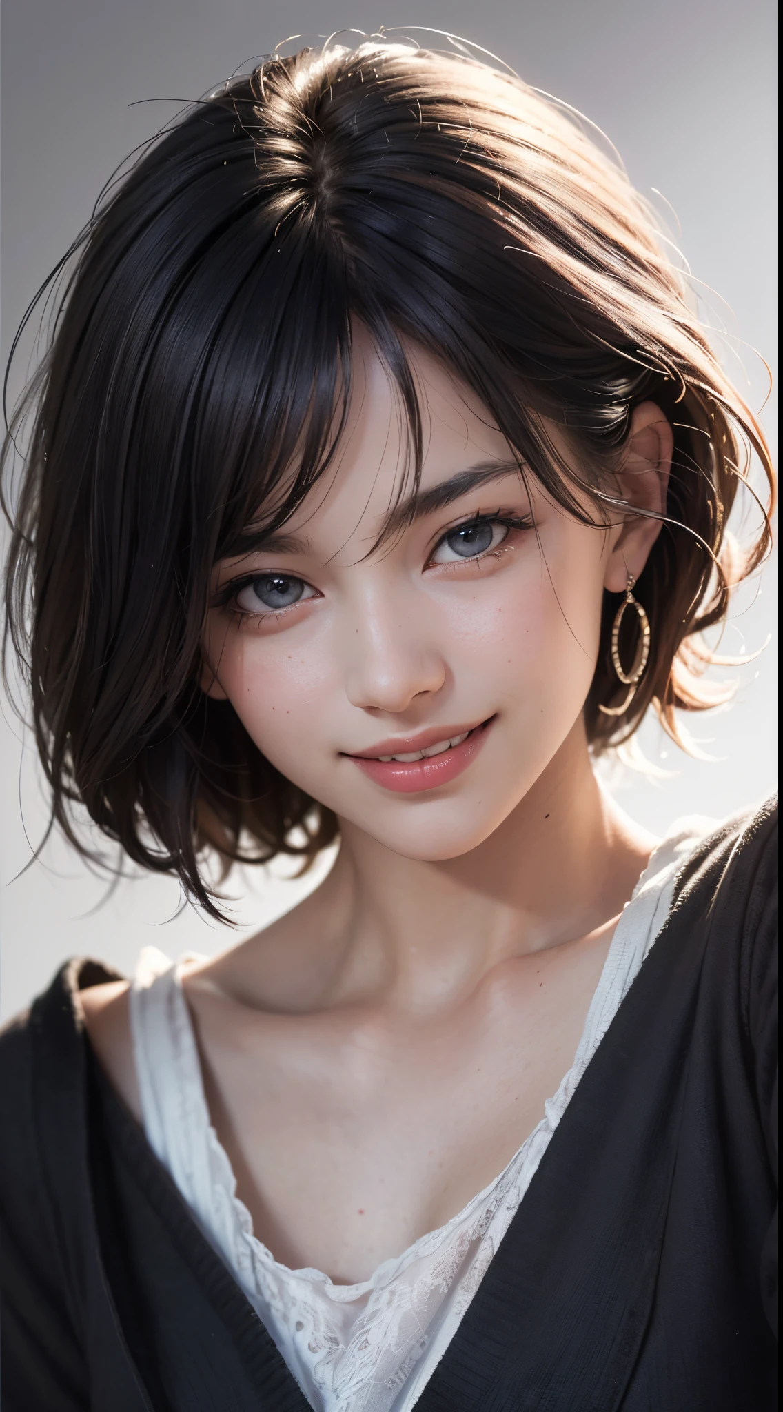 muste piece、highest quality、フォトrealistic、High resolution、photograph、:1.3)、sharp focus、1 brunette girl、european girl、hot models、midriff、Highly detailed eyes and pupils、realistic skin、slim body shape、cleavage、highly detailed hair、Delicate sexy face、Organoleptic gas、glossy lips、((wearing camisole))、Plain Air、((realistic、スーパーrealistic、realism、realistic details))、no makeup、natural makeup、small face、short cut hair、dark brown hair、Gray background