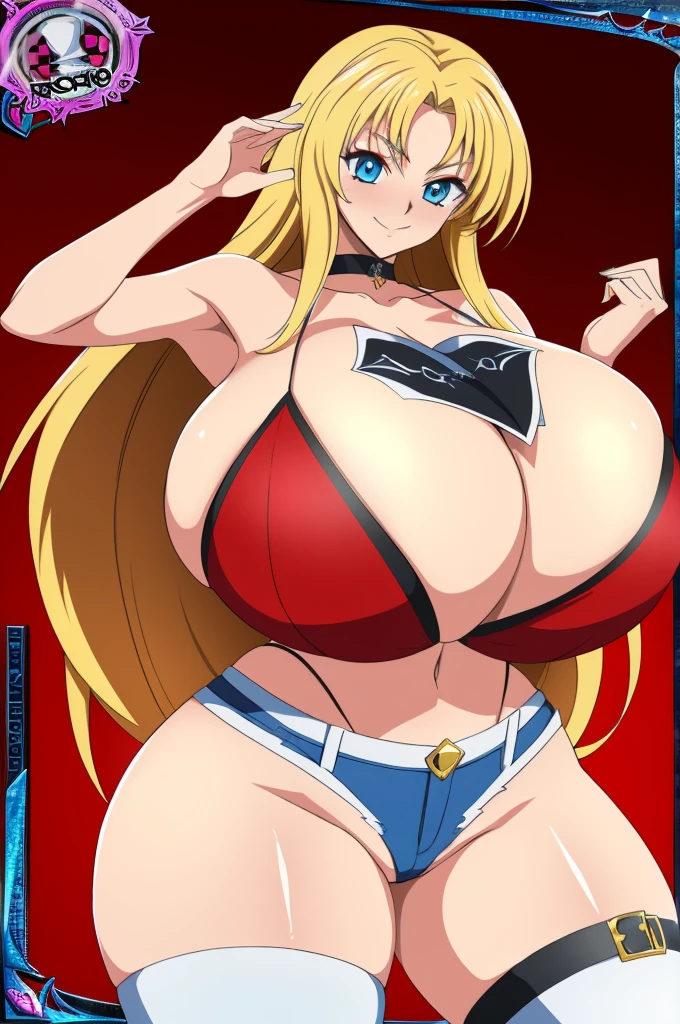 masterpiece, best quality, extreme detail, digital painting, absurdres, volumetric lighting, 1girl, solo,(gigantic breasts), massive breasts,short shorts,thighhighs,long hair,thick thighs,wide hips,standing,choker,heavy blush,shortstacks, fang,evil smile, tall female, big boobs, tall, huge breasts, suzu, 20yo,Young female,Beautiful Finger,Beautiful long legs,Beautiful body,Beautiful Nose,Beautiful character design, perfect eyes, bikini, dxd style