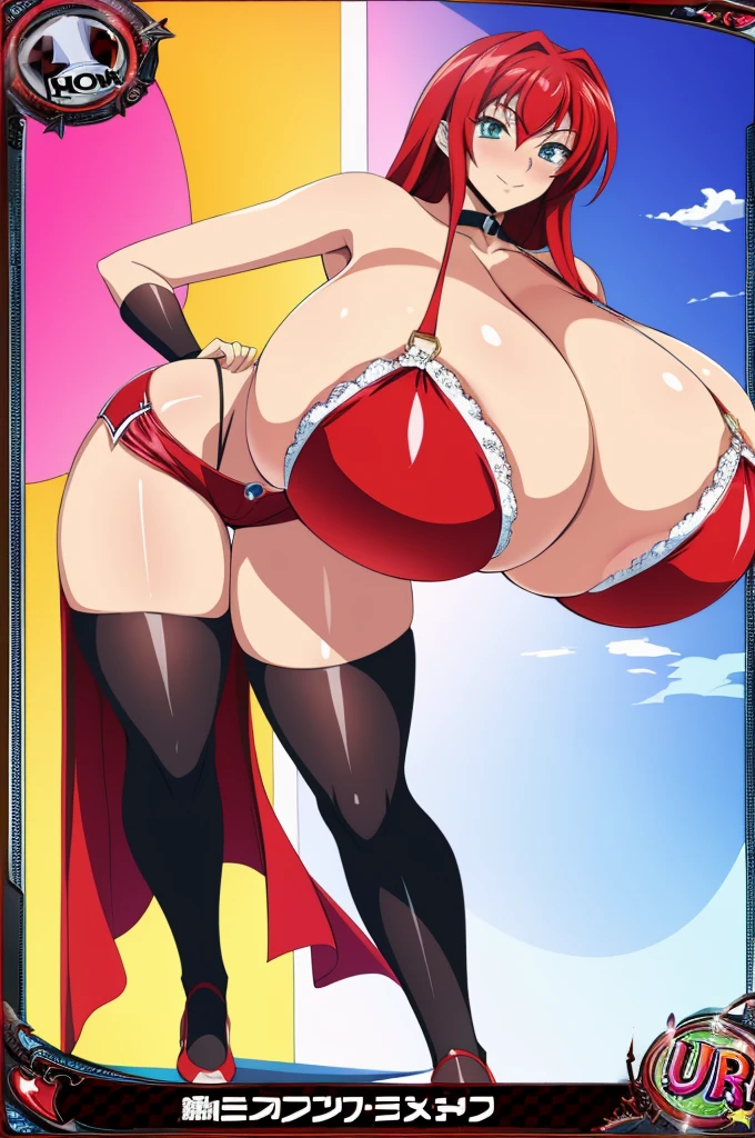 masterpiece, best quality, extreme detail, digital painting, absurdres, volumetric lighting, 1girl, solo,(gigantic breasts), massive breasts,short shorts,thighhighs,long hair,thick thighs,wide hips,standing,choker,heavy blush,shortstacks, fang,evil smile, tall female, big boobs, tall, huge breasts, suzu, 20yo,Young female,Beautiful Finger,Beautiful long legs,Beautiful body,Beautiful Nose,Beautiful character design, perfect eyes, bikini, dxd style