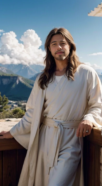 high-definition picture,Jesus,Portrait,Filming a movie, Brad Pitt as Jesus Christ,The face is extremely detailed,Soft light, man with long brown hair and beard, Wearing a white robe and blue sash, gently smiling, Mountains and clouds on background, 8K, Oil Painting