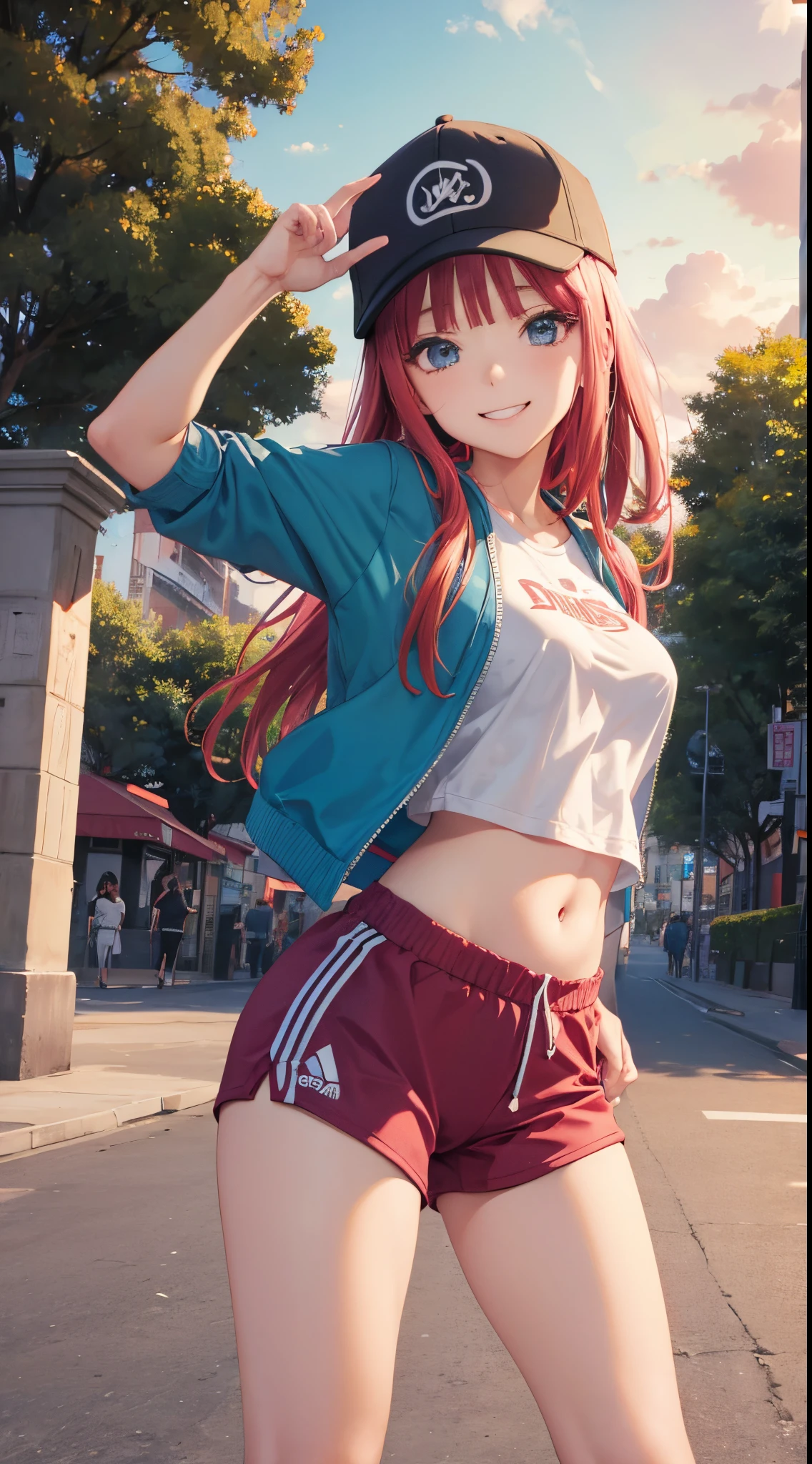 Nino Nakano riendo,pose sexy,ropa deportiva con gorra,chamarra,parque atardecer