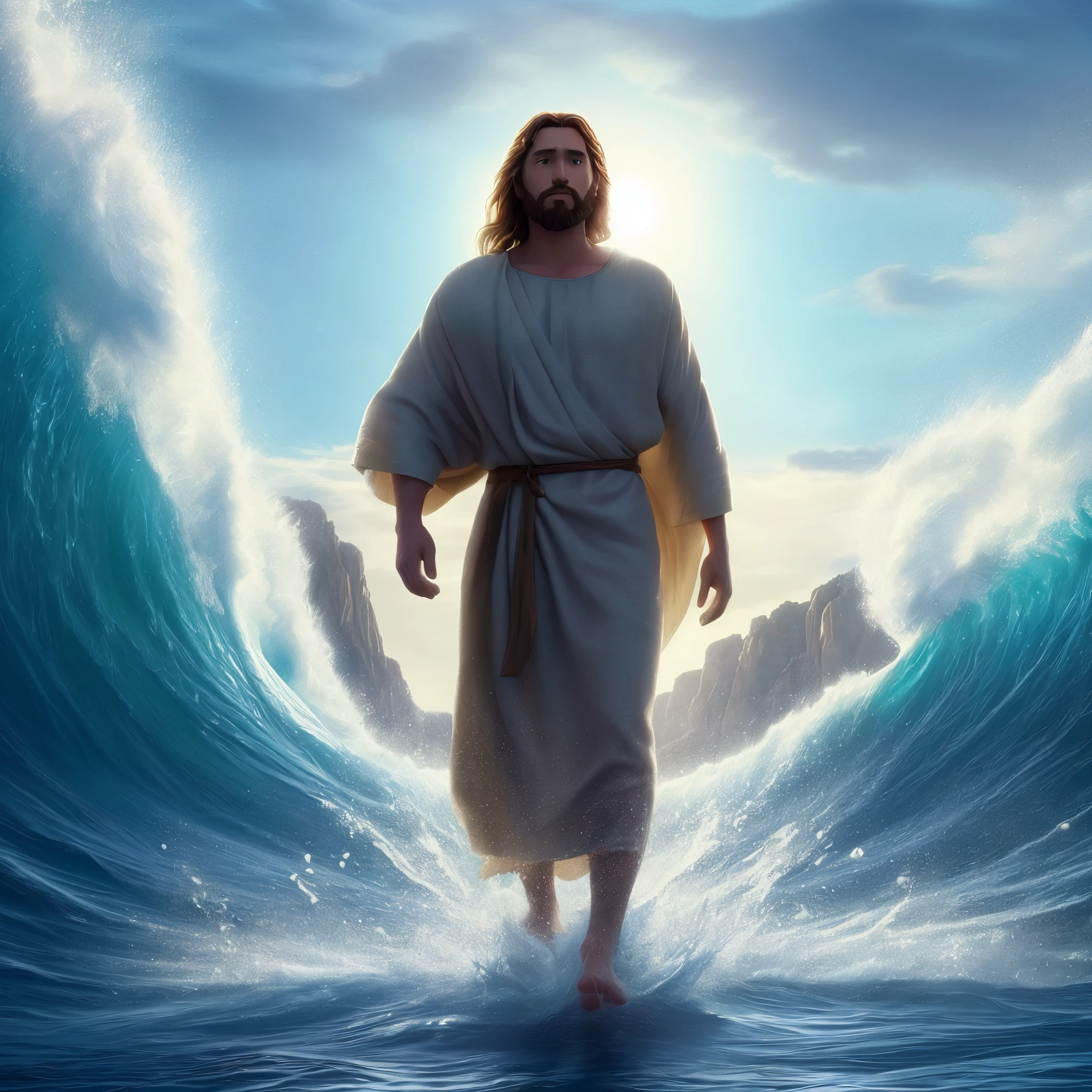 Jesus walking in the water with a wave rising, jesus walking on water, Greg Olsen, jesus christ, the lord and savior, moses, God of the Ocean, Jesus, epic biblical depiction, the sea and storms behind him, Tron Legado Jesucristo, Vestido como Jesucristo, tron legacy jesus, segunda venida, El dios del mar, Coming out of the ocean