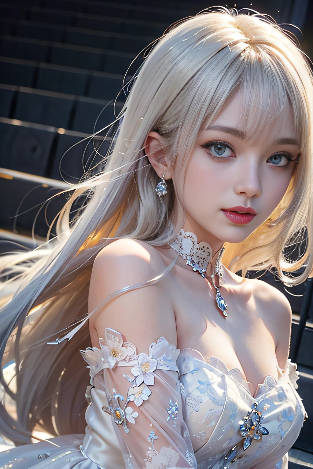 1girl in, Blonde hair, Silver hair, Long hair, Straight hair, Sparkling eyes, PUPILS SPARKLING, longeyelashes, makeup, Smile, Modern, depth of fields, One-person viewpoint, POV, close-up, Wide Shot, From below, wide angles, F/1.8, 135 mm, canon, nffsw, retinas, masutepiece, ccurate, Anatomically correct, Textured skin, Super Detail, high details, High quality, hight resolution, Best Quality, 1080p, hard disk, 4K, bright expression、Young shiny shiny white shiny skin、Best Looks、ultimate beauty girl、(The most beautiful platinum blonde hair in the world)、shiny light hair,、(Long silky straight hair)、Beautiful bangs that shine、Glowing crystal clear attractive blue eyes、Very beautiful nice cute 16 year old girl、Lush bust、((A girl standing in front of the theater stairs)）、 （Golden white hair）, Bangs, Blunt bangs, Long straight hair, aqua eyes, longeyelashes, Solid Circle Eyes, makeup, Open mouth, blush, Parted lips, Bright pupils, smiley, Seductive smile, glint, surrealism, Modern、Black pantyhose、high-heels、mix４、（(Pure white dress、Floral dress、、off shoulders、up skirt: 1.6)）、Skyscrapers are hazy in the windows、((Skirt soars in the wind)),((Showing white lace panties)),((Raise the hem of the skirt with your hands))