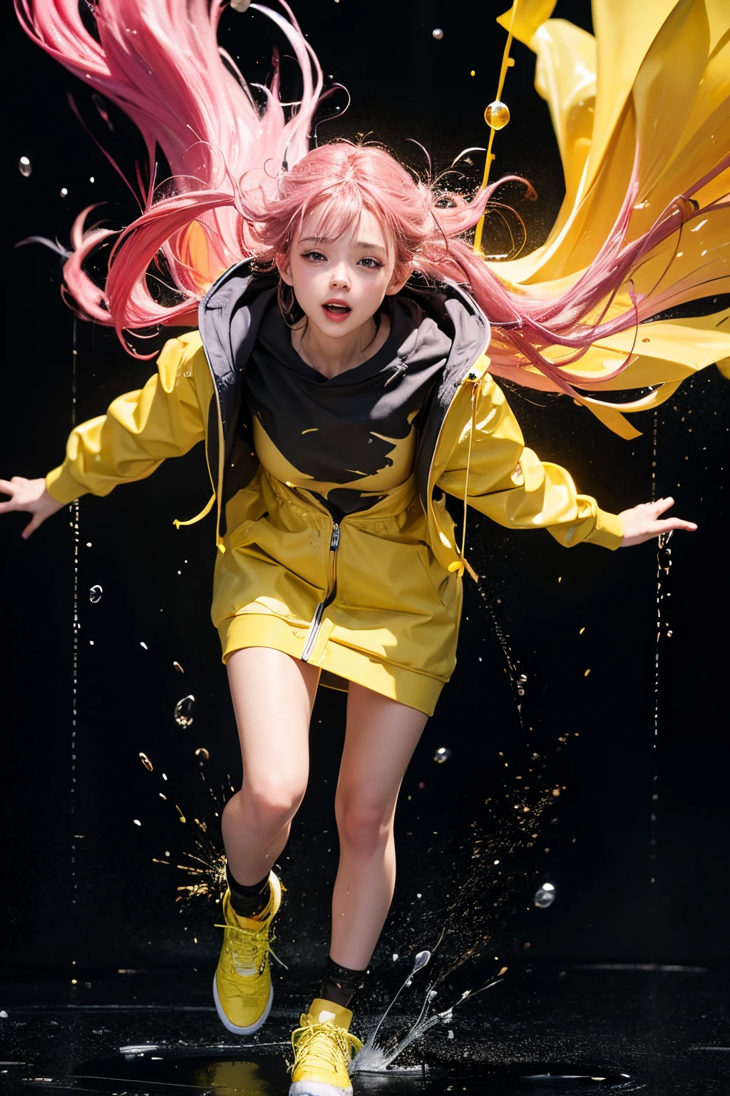 Full body cinematic photo of a woman running towards the viewer, Wearing yellow raincoat standing among bubbles abstract color painting, paint splatter, Wet hair, paint rain, Soft and smooth shape，Various vibrant and pastel shades，Contrast with abstract and minimalist background, 35 mm photo, 电影灯光, bokeh, professional, 4K, The content is very detailed