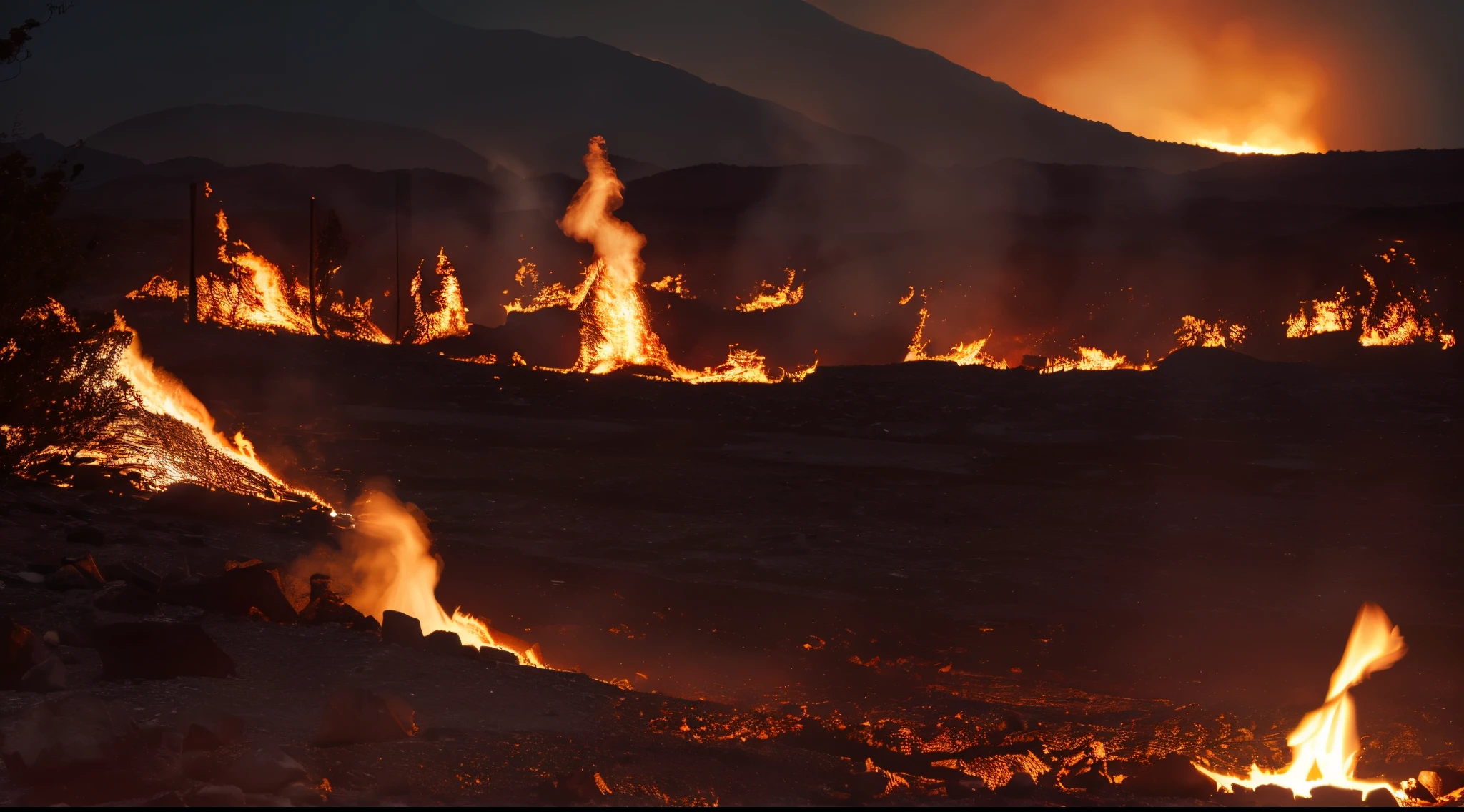 river of lava in forest on fire and with dense smoke