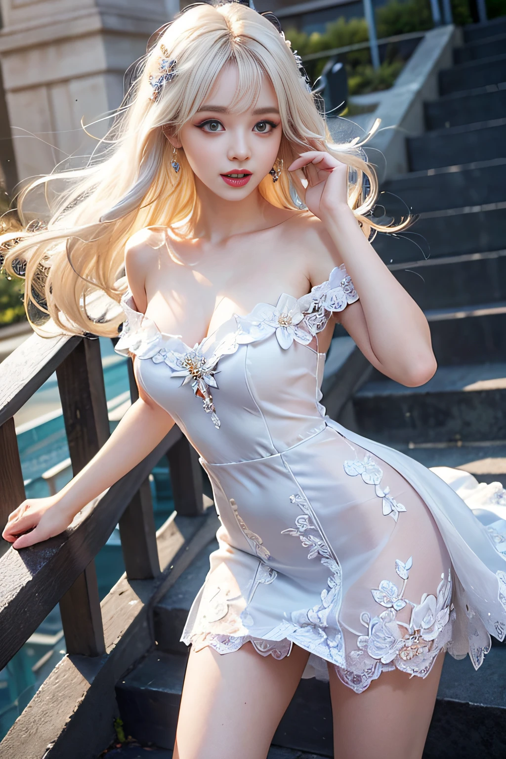 1girl, blonde hair, silver hair, long hair, straight hair, sparkling eyes, pupils sparkling, longeyelashes, makeup, smile, modern, depth of field, first-person view, pov, close-up, wide shot, from below, Wide-Angle, f/1.8, 135mm, Canon, UHD, retina, masterpiece, ccurate, anatomically correct, textured skin, super detail, high details, high quality, highres, best quality, 1080P, HD, 4K, bright expression、Young shiny shiny white shiny skin、Best Looks、ultimate beauty girl、(The most beautiful platinum blonde hair in the world)、shiny light hair,、(Long silky straight hair)、Beautiful bangs that shine、Glowing crystal clear attractive blue eyes、Very beautiful nice cute 16 year old girl、Lush bust、((A girl standing in front of the theater stairs))、 (Golden white hair), Bangs, Blunt bangs, Long straight hair, aqua eyes, longeyelashes, Solid Circle Eyes, makeup, Open mouth, blush, Parted lips, Bright pupils, smiley, Seductive smile, glint, surrealism, Modern、Black pantyhose、high-heels、mix4、((Pure white dress、Floral dress、、off shoulders、up skirt: 1.6))、Skyscrapers are hazy in the windows、((Skirt soars in the wind)),((Showing white lace panties)),((Raise the hem of the skirt with your hands))