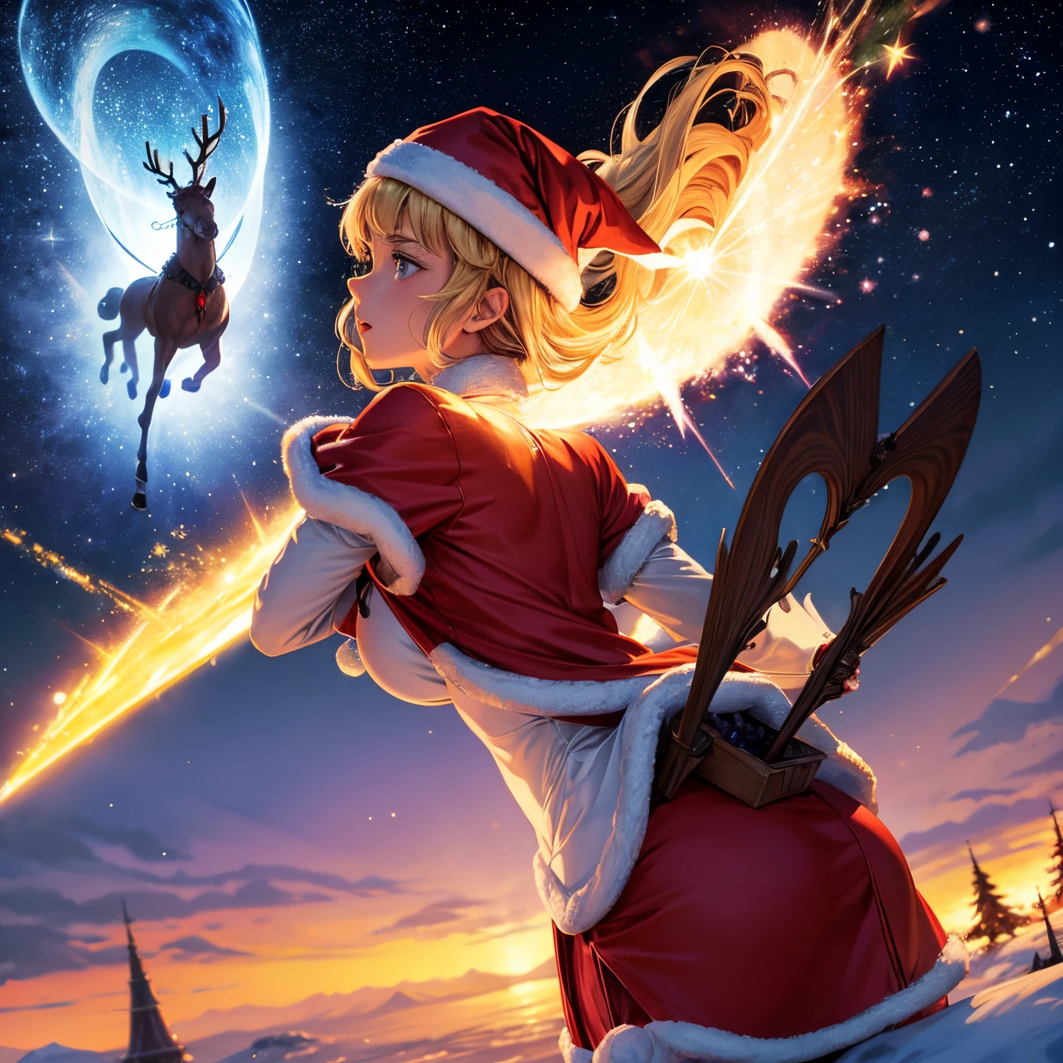 Elsa Beskow, Mabel Attwell, John Romita Jr., Surreal, mysterious, strange, fantastical, fantasy, Sci-fi, Japanese anime, beautiful blonde miniskirt girl Alice in a bright red Santa costume, perfect voluminous body, riding a reindeer sleigh through the night sky, Christmas presents piled up on the carrier, stars, aurora, hyper detailed masterpiece hyper realistic depth of field cinematic lighting dynamic action