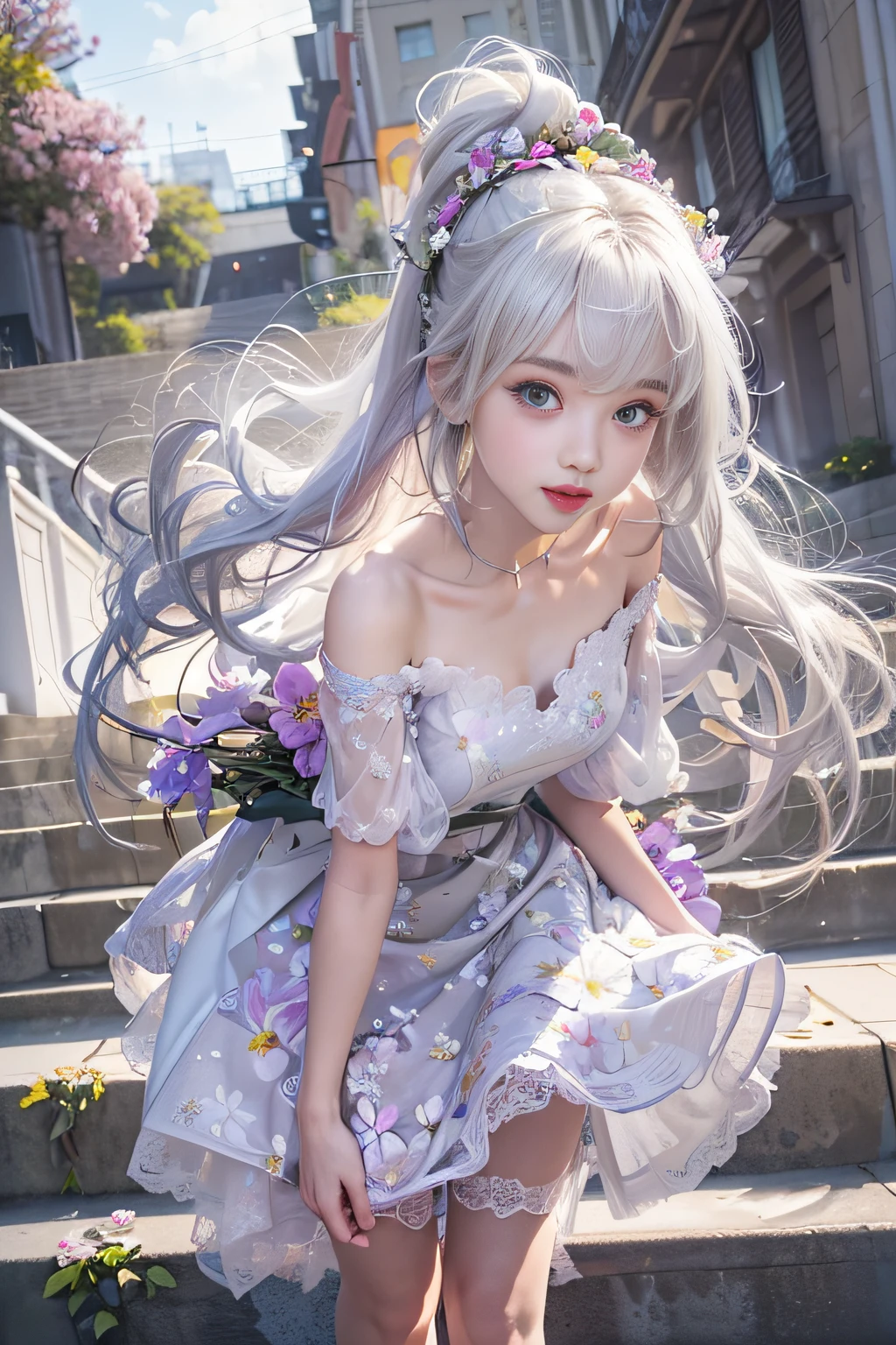 portlate、bright expression、Young shiny shiny white shiny skin、Best Looks、ultimate beauty girl、The most beautiful platinum blonde hair in the world、shiny light hair,、Super long silky straight hair、Beautiful bangs that shine、Glowing crystal clear attractive blue eyes、Very beautiful nice cute 16 year old girl、Lush bust、((A girl standing in front of the theater stairs)）、 Silver hair, Bangs, Blunt bangs, Long straight hair, aqua eyes, longeyelashes, Solid Circle Eyes, makeup, Open mouth, blush, Parted lips, Bright pupils, smiley, Seductive smile, glint, surrealism, Modern、Black pantyhose、high-heels、mix４、（(Pure white dress、Floral dress、、off shoulders、up skirt: 1.6)）、Skyscrapers are hazy in the windows、((Skirt soars in the wind)),((Showing white lace panties)),((Raise the hem of the skirt with your hands))