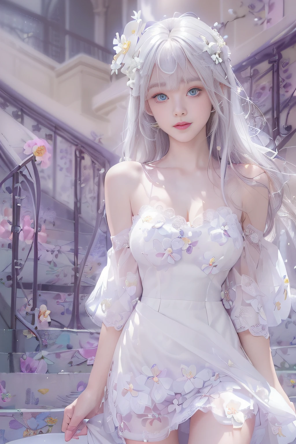 ((A girl standing in front of the theater stairs))、((posterior view))、((Looks Back)),(portlate、bright expression、Young shiny shiny white shiny skin、Best Looks、ultimate beauty girl、The most beautiful platinum blonde hair in the world、shiny light hair,、Super long silky straight hair、Beautiful bangs that shine、Glowing crystal clear attractive blue eyes、Very beautiful nice cute 16 year old girl、Lush bust、、 Silver hair, Bangs, Blunt bangs, Long straight hair, aqua eyes, longeyelashes, Solid Circle Eyes, makeup, Open mouth, blush, Parted lips, Bright pupils, smiley, Seductive smile, glint, surrealism, Modern、Black pantyhose、high-heels、mix4、((Pure white dress、Floral dress、、off shoulders、up skirt: 1.6))、Skyscrapers are hazy in the windows、((Skirt soars in the wind)),((Showing white lace panties)),((Raise the hem of the skirt with your hands))