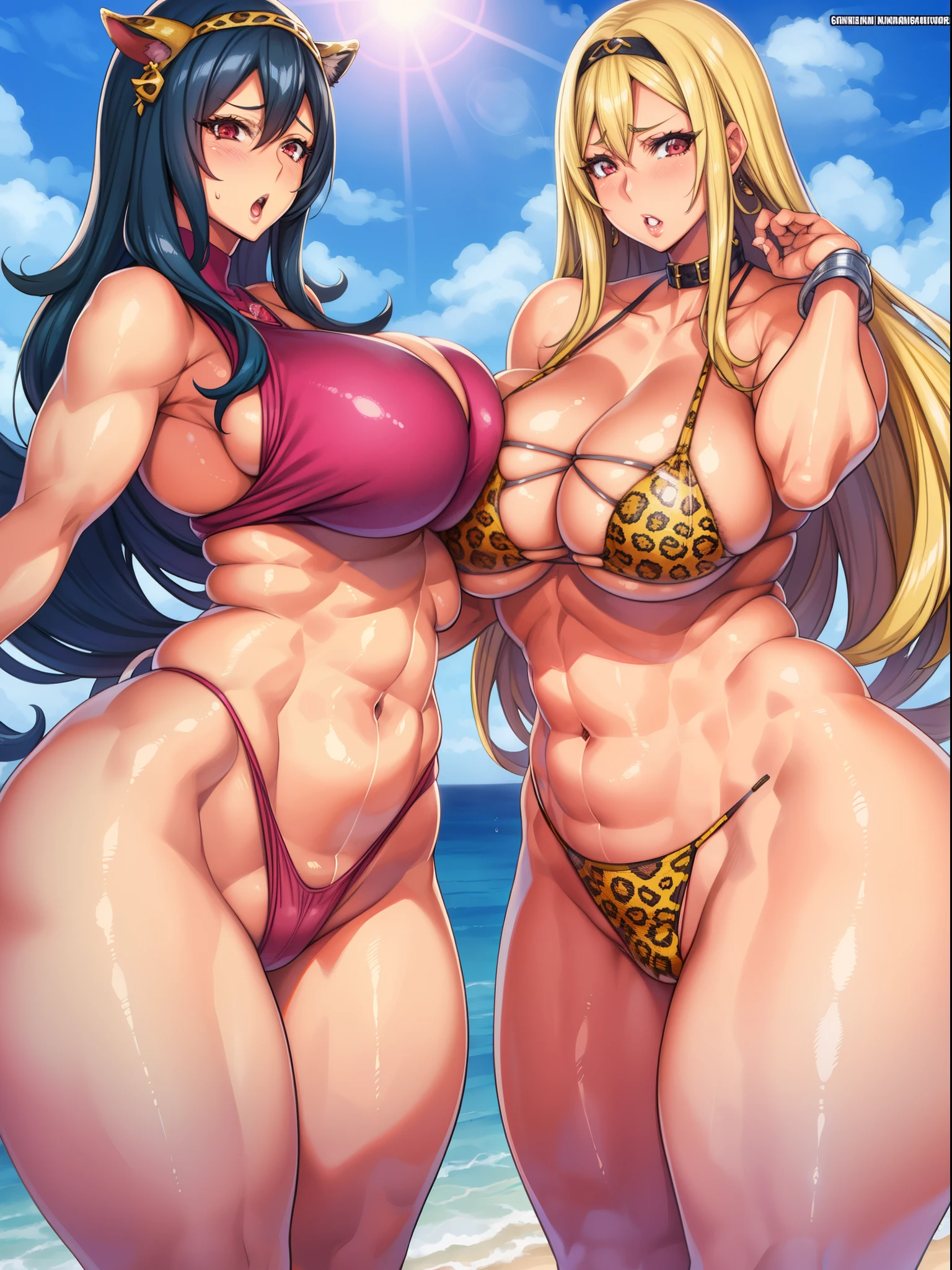 Arafe cartoon of woman in leopard print bikini posing on the beach, Chic, cutesexyrobutts, Commission for high resolution, SFW version, Strongest Pose, oppai proportions, muscular!!, muscular girl, [ 4 k digital art ]!!, strong pose, by Kentaro Miura, muscular!, SFW huge breasts, Detailed Digital Anime Art, Voluptuous body, curvy body, Tifa Lockhart, Naughty anime style, plus size model, Scruffy body,Erotic cartoon style body, Married woman's big ass,Eros of a married woman, Married woman style, Married woman atmosphere