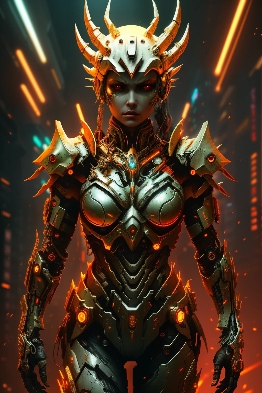 [SH4G0D:1], a beautiful cyborg warrior girl cyberpunk sensual vampiric beautiful body beautiful face in big breasts bionic legs bionic arms armor in an intricate futuristic cyberpunk city ultra detailed 8k extremely realistic[cabelo fluorescente:1]