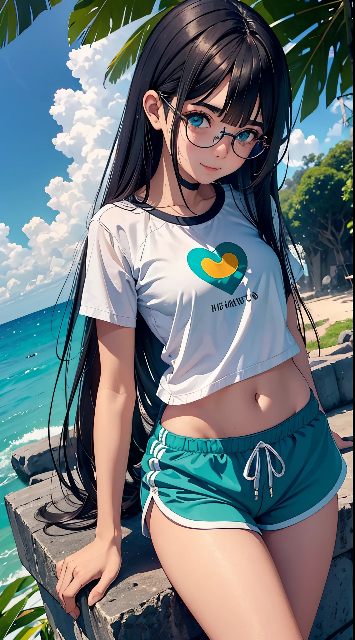 1garota, franja, ombros apertados, corpo Loli, menina de 15 anos, cabelo loiro, cabelo curto, olhos azuis, ruborizado, Botas, seios, decote, heart neckline, boca fechada, Eyebrows visible in the hair, Seios muito pequenos, cabelos longos , Olhando para o visualizador, sorrindo, tenso, standingn, dolphin shorts, gym shorts, visualizador frontal mostrando os seios, Ultra HD |, imagem 4k, eyeglass