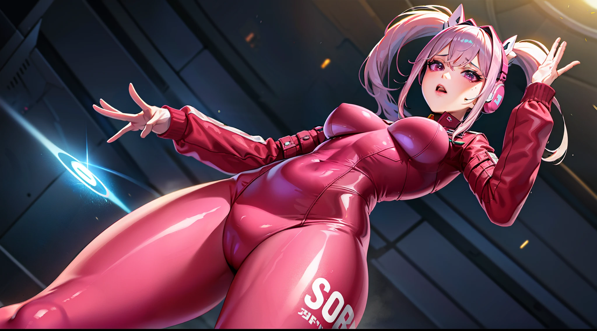 top-quality, 超高分辨率, (realisticlying: 1.4), jumpsuit, Sci-fi spaceship interior background, Light science fiction,sparkling like fog, 8K, computer graphics image processing, anime wife, guweiz, circuit board mail, from below, Moles under the eyes, pink headphone, Large breasts, back arms, The real world, Outdoor activities, pink leather jacket, Keep your mouth shut, Uneven double ponytail, whaite hair, Pink thighs, naghty face,