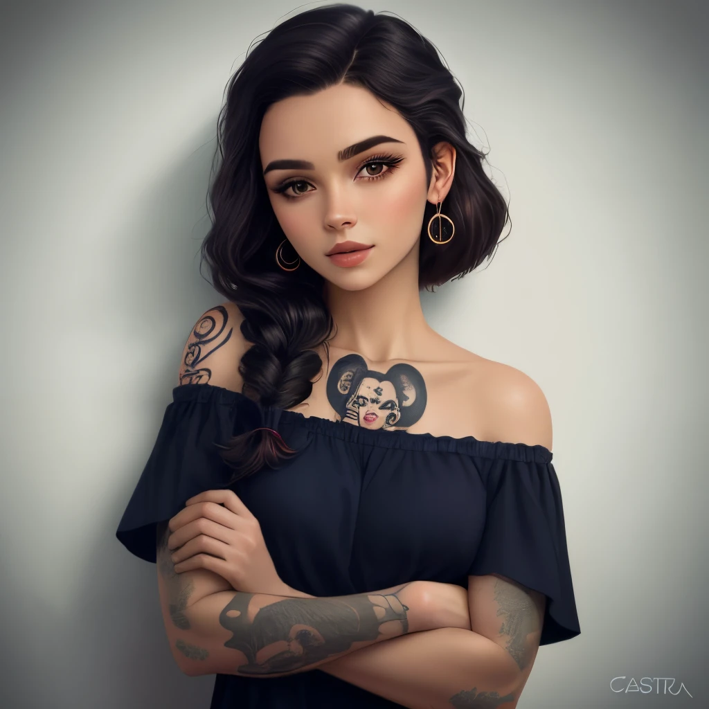 Uma mulher branca alta, cabelo grande e bem preto, repartido no meio, olhos castanhos, small tattoos on arms and shoulder, make it look like a Disney animation, The woman&#39;s name is Ana Vitória