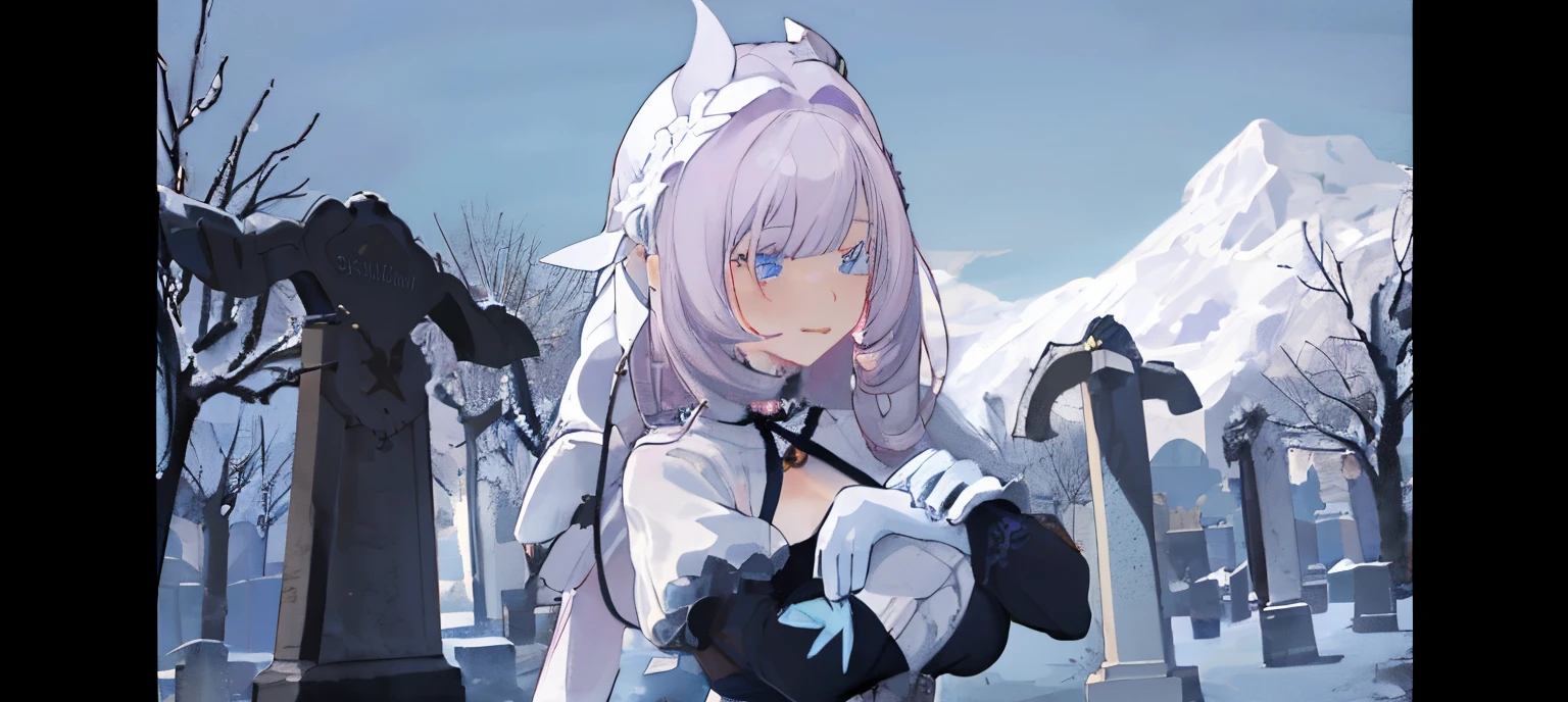 A woman sweeps a grave in a snowy cemetery，Heavy snow covered her hair，The spirit of her dead friend hugged her from behind