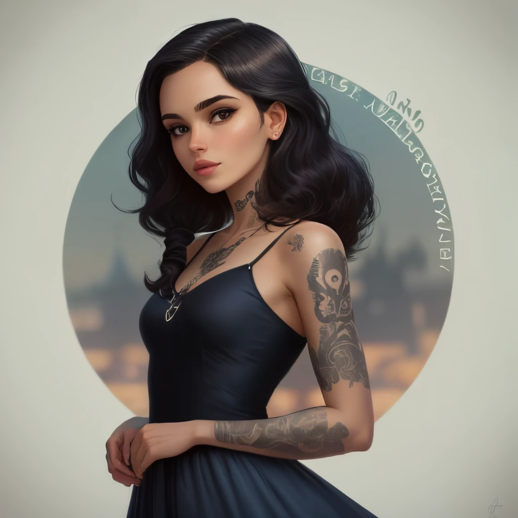Uma mulher branca alta, cabelo grande e bem preto, repartido no meio, olhos castanhos, small tattoos on arms and shoulder, make it look like a Disney animation, The woman's name is Ana Vitória