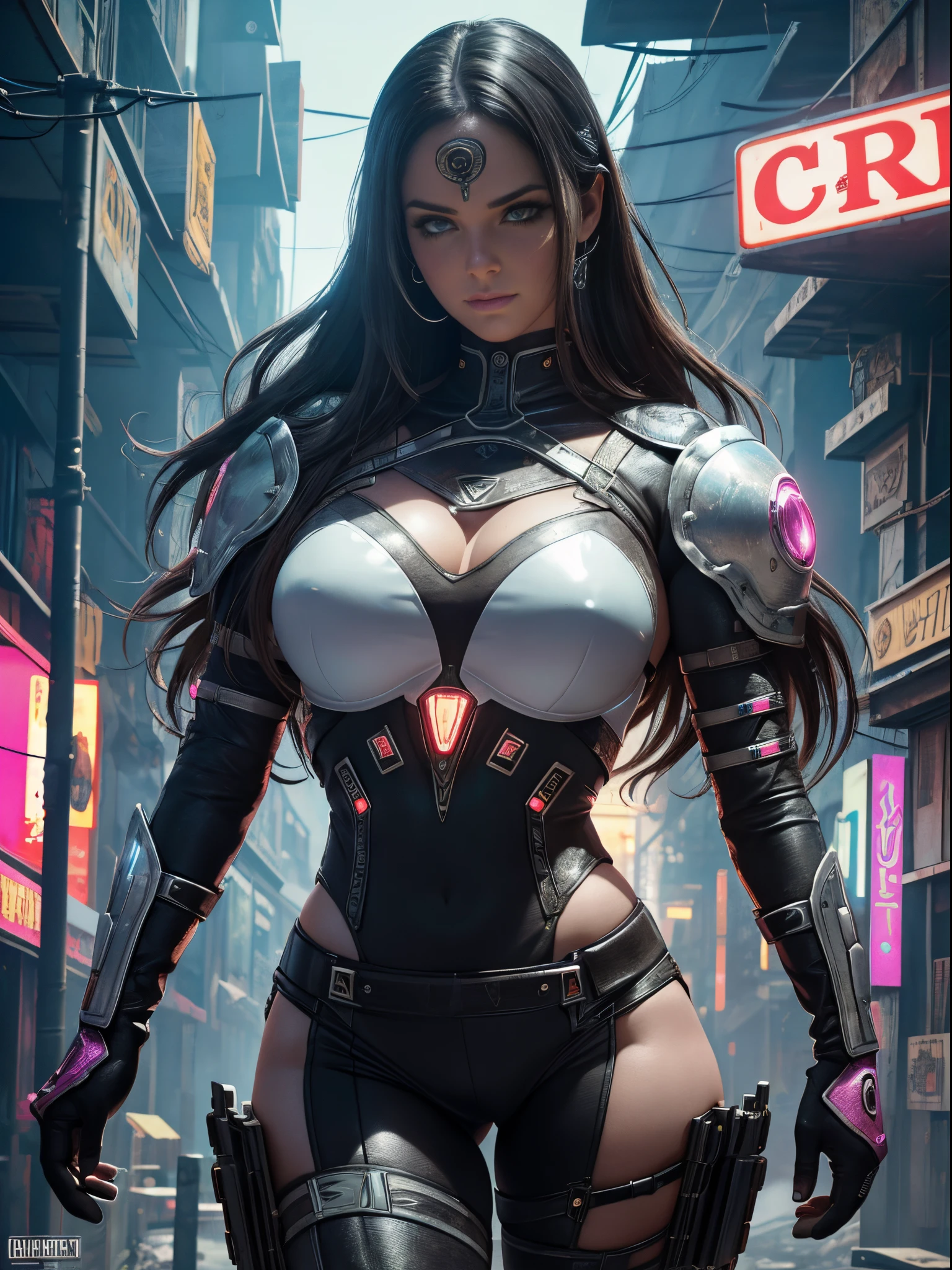 Alison Tyler, Com armadura Ciborgue em porcelana branca com pequenos detalhes em purpura, Cyberpunk, g、pele brilhante, ((Detalhes super realistas))、portlate、global ilumination、sombra、Octane Representation、8k、ultrasharp、Luz de borda de caractere, Seios grandes, big booty、Raw skin is exposed on the neckline、Apocalyptic City of Fire, Detalhes de ornamentos complexos、Transparent acrylic parts cover、Sumer Detailed Hydraulic Cylinders、small LED lamp、Detalhes muito intrincados、Luz realista、um olho purpura、olhos radiantes、in front of camera、Neon details、Cowboy baleado、Capacete futurista、Sobre Cyberpunk ,mais alta qualidade、obra prima、超A high resolution、(fotorrealista:1.4)、Foto RAW