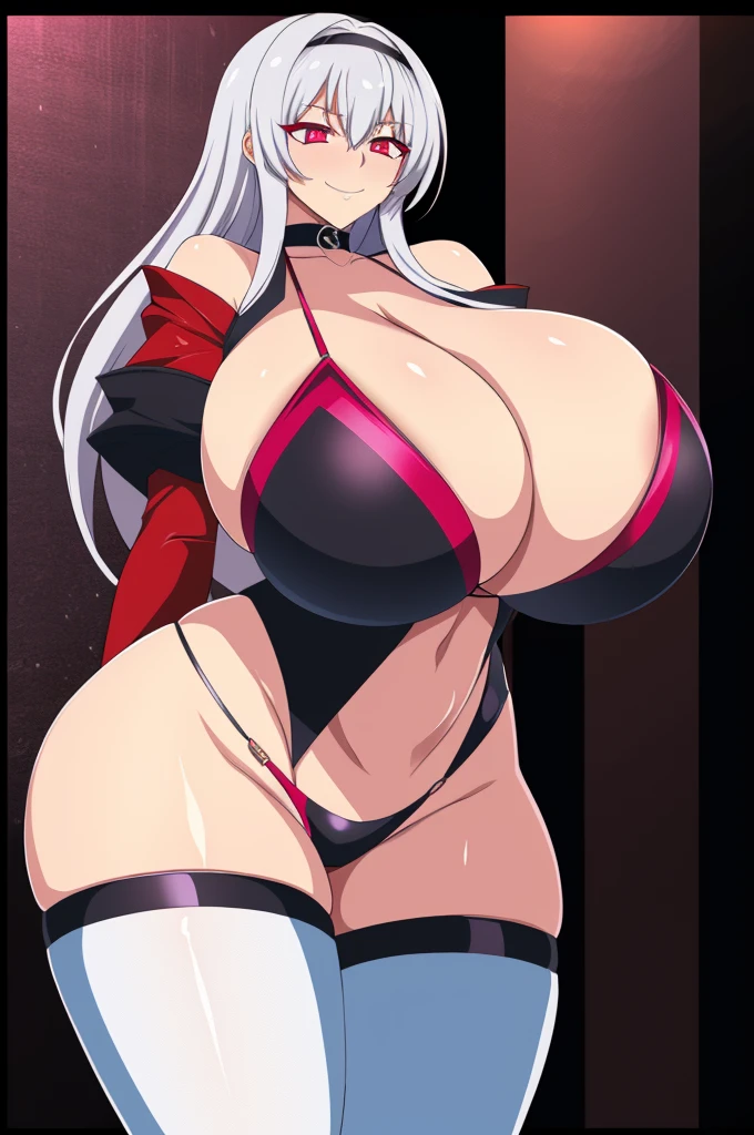 masterpiece, best quality, extreme detail, digital painting, absurdres, volumetric lighting, 1girl, solo,(gigantic breasts), massive breasts,short shorts,thighhighs,long hair,thick thighs,wide hips,standing,choker,heavy blush,shortstacks, fang,evil smile, tall female, big boobs, tall, huge breasts, suzu, 20yo,Young female,Beautiful Finger,Beautiful long legs,Beautiful body,Beautiful Nose,Beautiful character design, perfect eyes, bikini, yameroyandere, constricted pupils, yandere, empty eyes, shaded face, crazy eyes, glowing eyes, crazy smile, dark, dxd style