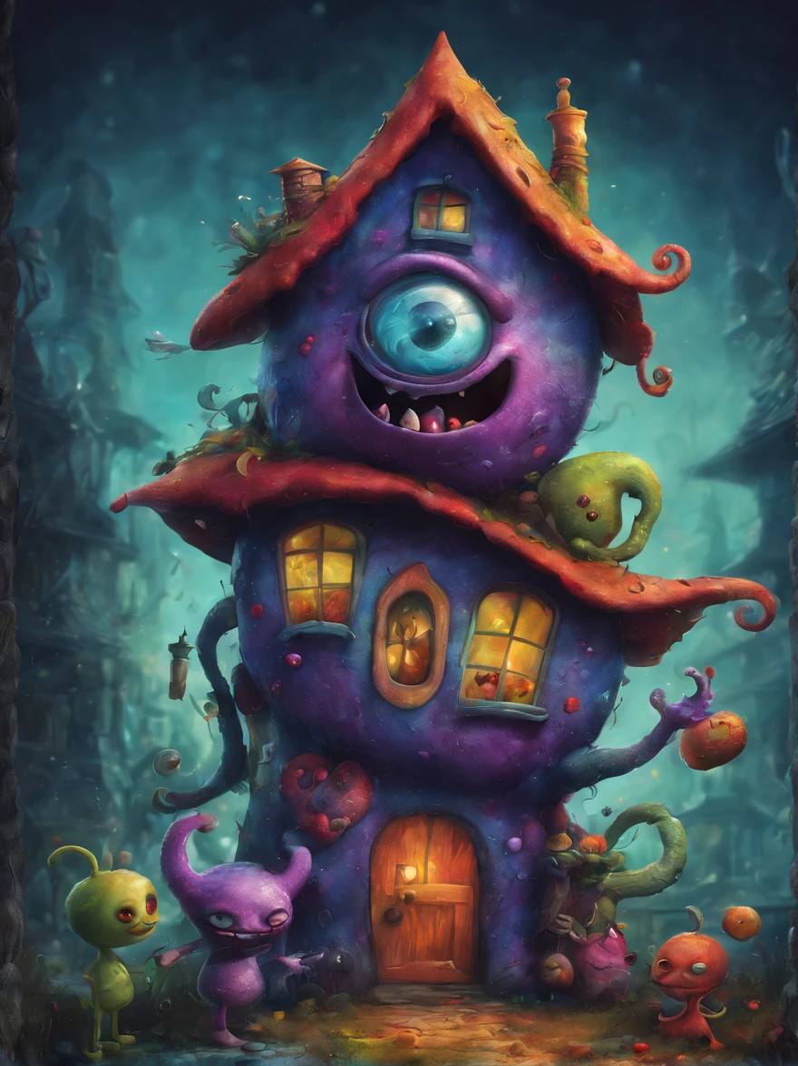 colorful blender monster, Artistically rendered, styles:by Alexander Jansson, amazingly beautiful work, Landscape characters and elements fit perfectly within the image frame, Detailed realization, Definition High Quality, expressive faces, Sharp eyes,(Background with:ghost house kitchen),​masterpiece,cute monster