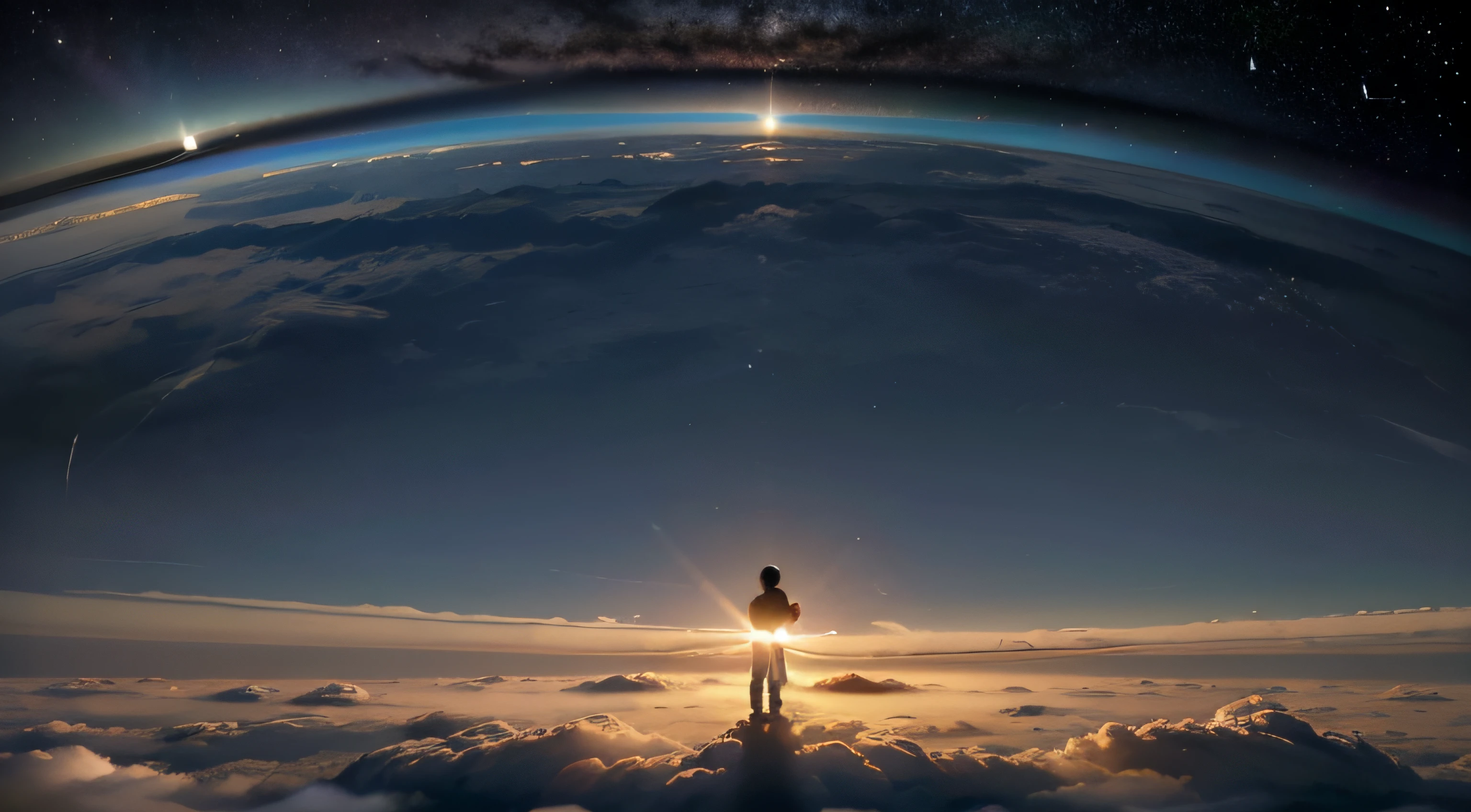 In a cartoon style illustration, depict an endless sky with a sea of clouds stretching across the heavens. The vast and tranquil landscape unfolds in the center, showcasing a serene scene of the earth. In the lower right corner of the picture, draw a silhouette of a boy standing quietly, gazing into the distance. Ensure that the outline of the boy is distinct, and the colors of the sky and earth are warm and dreamlike. Please create an atmosphere of peace and hope, highlighting the boy's anticipation and yearning for the future