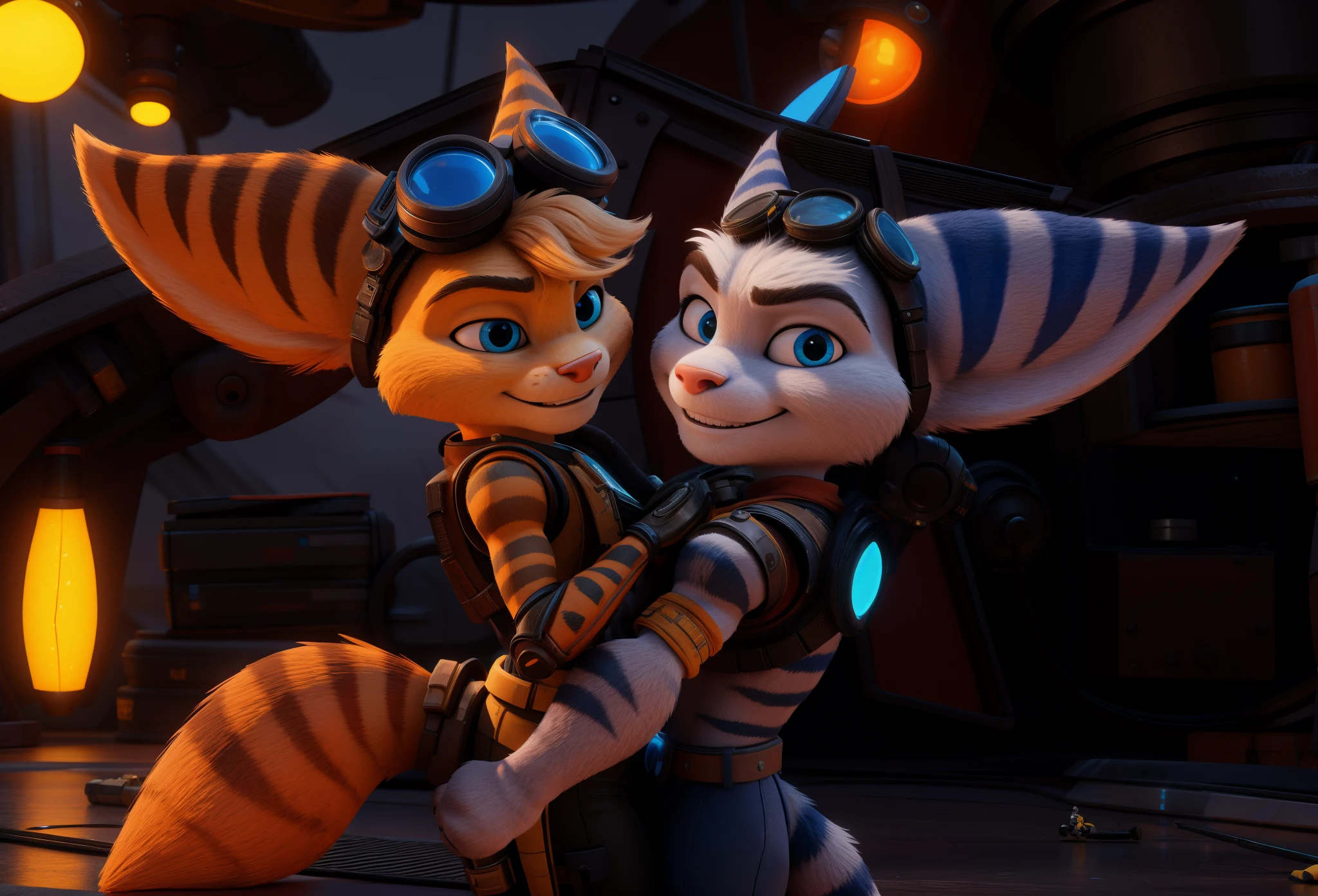 ratchet, there are two cartoon characters that are standing next to each other, medium shot of two characters, rendered in sfm, 3 d render stylized, animated film, 3d characters, animated movie still, ratchet and clank, airbrush render, stylized 3 d, 3 d animated movie, animated film still, promotional render, beeple and jeremiah ketner