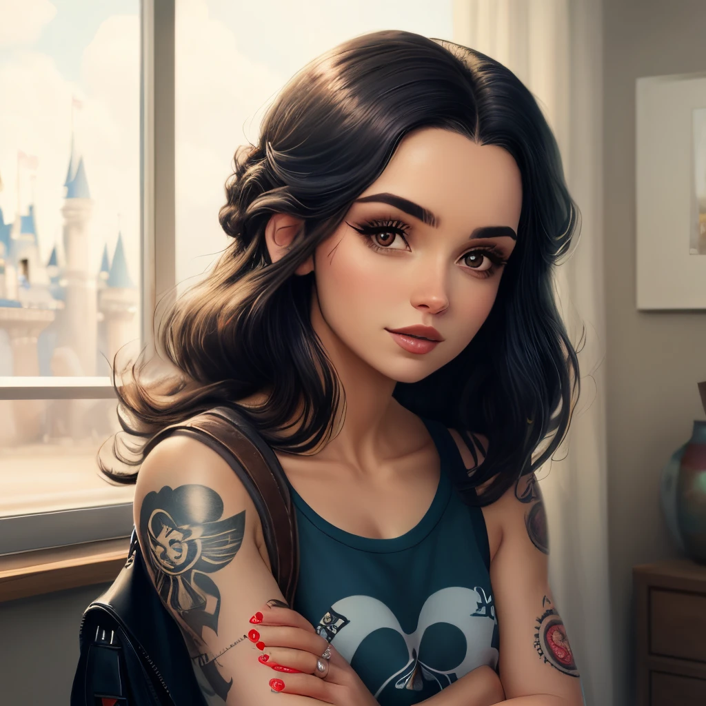 Uma mulher branca alta, cabelo grande e bem preto, repartido no meio, olhos castanhos, small tattoos on arms and shoulder, make it look like a Disney animation, The woman&#39;s name is Ana Vitória