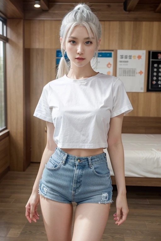 Blonde anime girl, wearing blue shorts, dressed in pink
