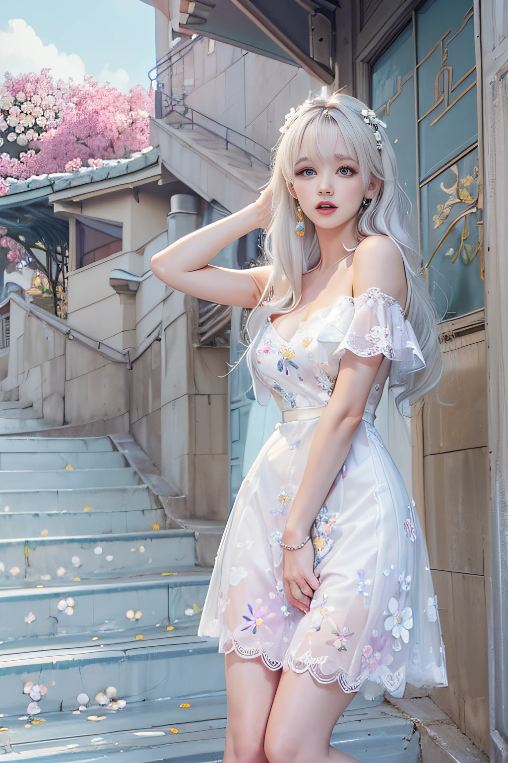 portlate、bright expression、Young shiny shiny white shiny skin、Best Looks、ultimate beauty girl、The most beautiful platinum blonde hair in the world、shiny light hair,、Super long silky straight hair、Beautiful bangs that shine、Glowing crystal clear attractive blue eyes、Very beautiful nice cute 16 year old girl、Lush bust、((A girl standing in front of the theater stairs)）、 Silver hair, Bangs, Blunt bangs, Long straight hair, aqua eyes, longeyelashes, Solid Circle Eyes, makeup, Open mouth, blush, Parted lips, Bright pupils, smiley, Seductive smile, glint, surrealism, Modern、Black pantyhose、high-heels、mix４、（(Pure white dress、Floral dress、、off shoulders、up skirt: 1.6)）、Skyscrapers are hazy in the windows、((Skirt soars in the wind)),((Showing white lace panties)),((Raise the hem of the skirt with your hands))