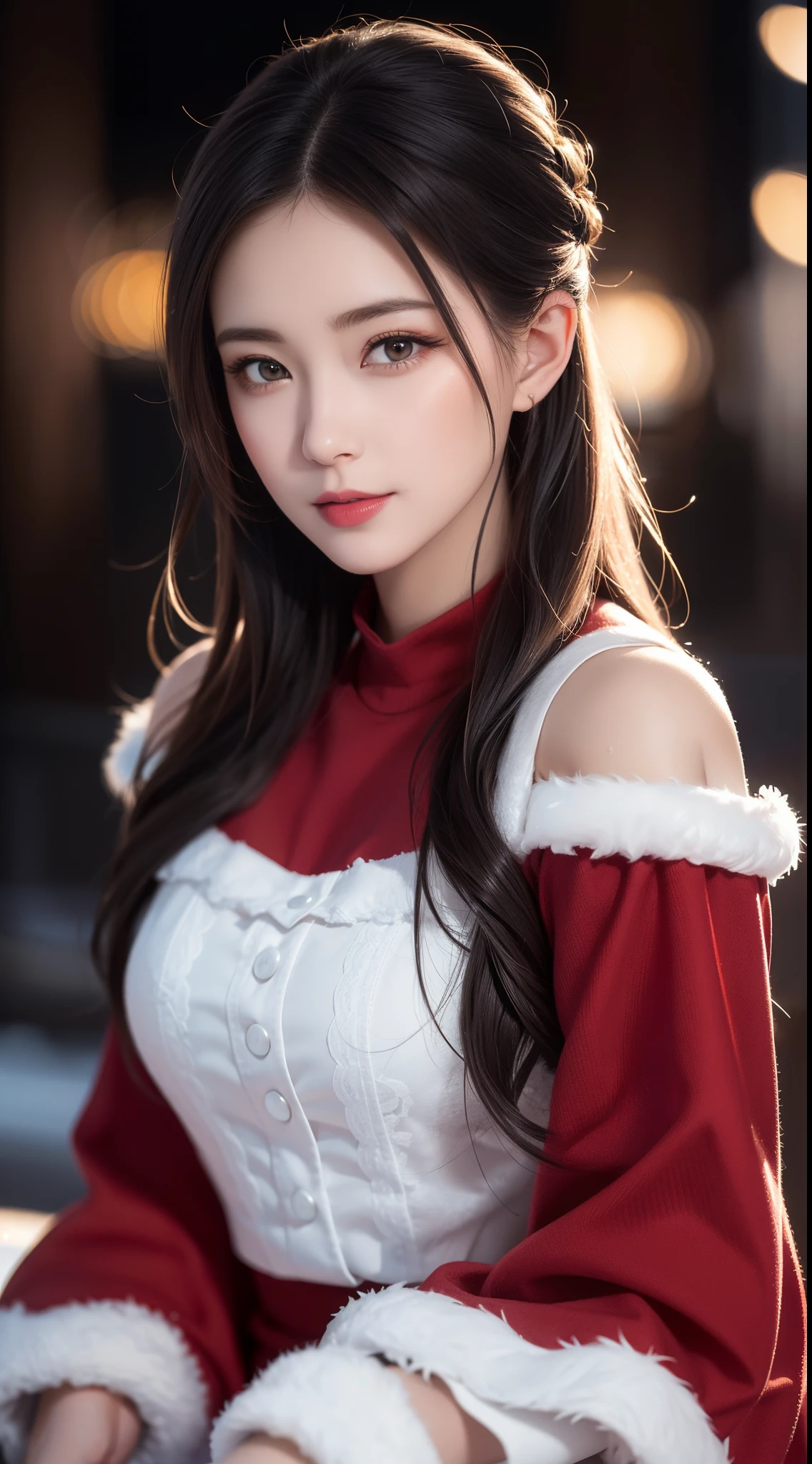 (Aesthetic, Hi-Res: 1.2), Professional Photographer, minimalism, concept art, intricate detail, 8k post-production, High Resolution, Super Detail, trending on ArtStation, sharp focus, studio photo, intricate detail, Highly detailed, By Greg Rutkowski, Artistic low light bright and dark, Vivid colors. Outdoor winter scene with snow in the evening, A slight smile, True art, changing many different hairstyles and colors, wearing a simple and respectful red boby Santa Claus outfit, Mood Passion, Seductive Expression, Sexy Lips, Wet Lips, Seductive Closed Eyes, Seductive Look, Suggestive Posture.