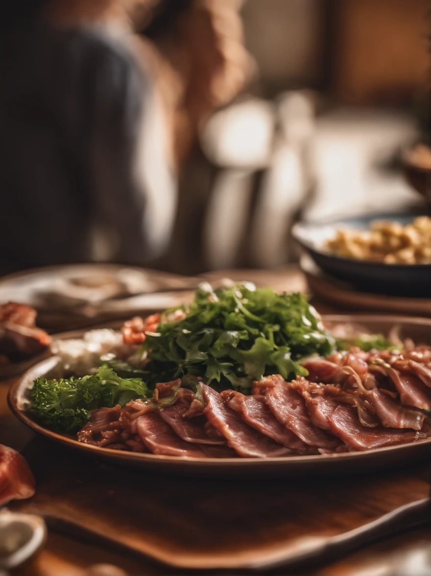 At the dinner table, A plate of Korean food, Topped with thin meat slices, Minced meat, Greens, and shallots.
