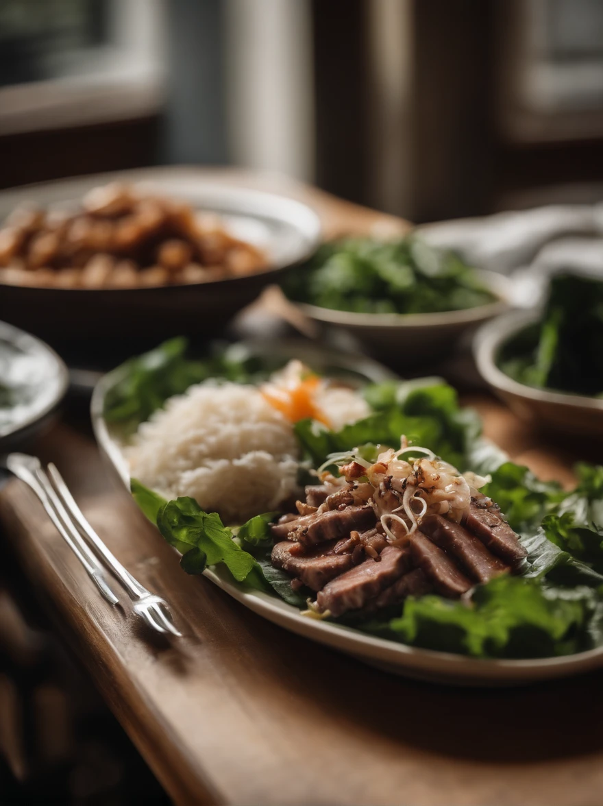 At the dinner table, A plate of Korean food, Topped with thin meat slices, Minced meat, Greens, and shallots.