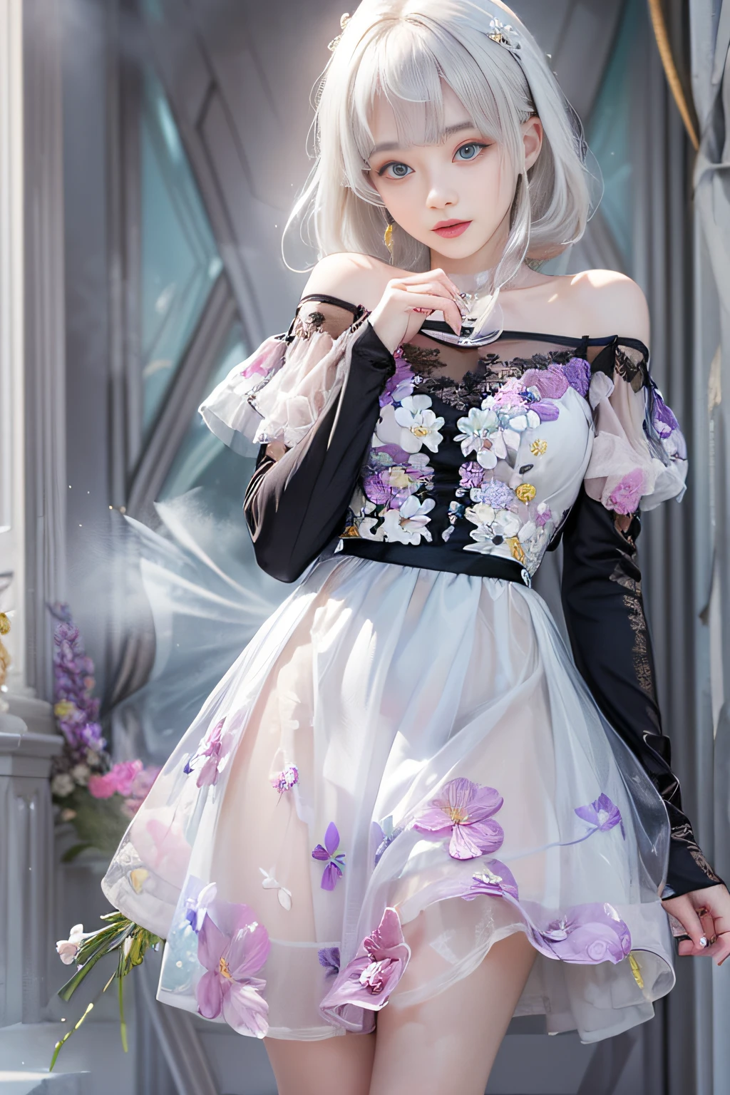 portlate、bright expression、Young shiny shiny white shiny skin、Best Looks、ultimate beauty girl、The most beautiful platinum blonde hair in the world、shiny light hair,、Super long silky straight hair、Beautiful bangs that shine、Glowing crystal clear attractive blue eyes、Very beautiful nice cute 16 year old girl、Lush bust、((A girl standing in front of the theater stairs))、 Silver hair, Bangs, Blunt bangs, Long straight hair, aqua eyes, longeyelashes, Solid Circle Eyes, makeup, Open mouth, blush, Parted lips, Bright pupils, smiley, Seductive smile, glint, surrealism, Modern、Black pantyhose、high-heels、mix4、((Pure white dress、Floral dress、、off shoulders、up skirt: 1.6))、Skyscrapers are hazy in the windows、((Skirt soars in the wind)),((Showing white lace panties)),((Raise the hem of the skirt with your hands))