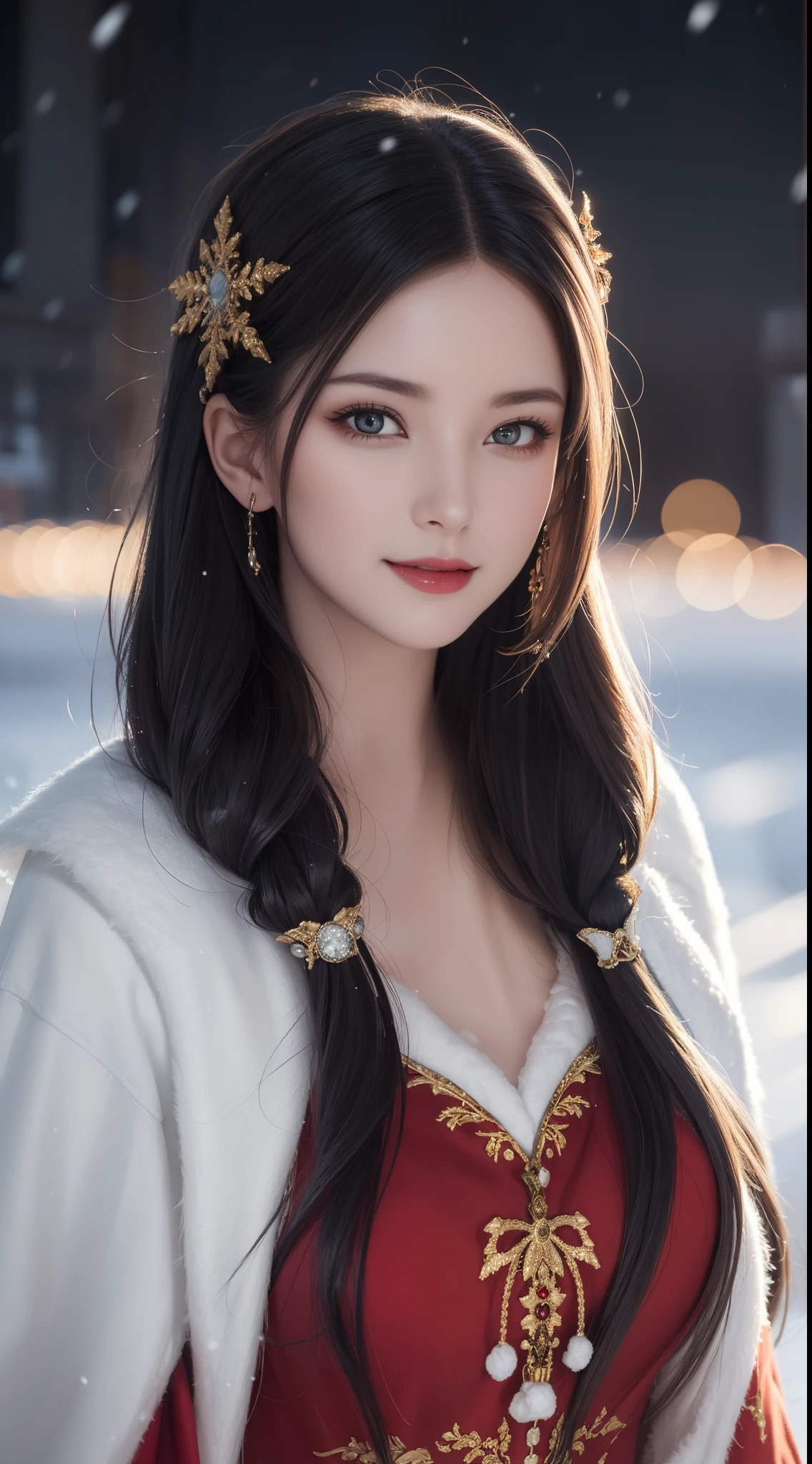 (Aesthetic, High Resolution: 1.2), beautiful 20 year old woman wearing an intricately detailed red boby Santa Claus costume, symmetrical costume structure, bright eyes, cheerful smile , hairstyle changes, snow is falling, snow in hair. Professional photographer, minimalism, concept art, intricate details, 8k post-production, High Resolution, Super Detail, trending on ArtStation, sharp focus, studio photos, details Intricate, Highly detailed, By Greg Rutkowski, Artistic bright and dark low lighting, Vibrant colors. Outdoor winter scene with snow in the evening, A slight smile, True art, various hairstyles and color changes, Passionate mood, Seductive expressions, Sexy lips, Wet lips , Seductive closed eyes, Seductive appearance, suggestive posture.