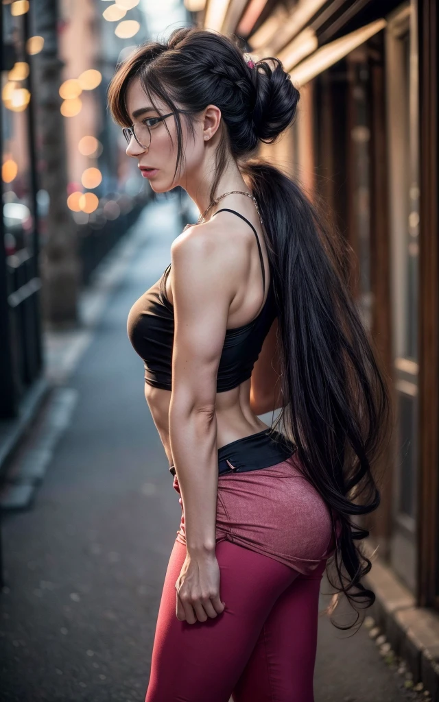 (8K, Masterpiece, RAW photo, Best quality, detail:1.3), (ultra realistic:1.4, scenary, 8K), Depth of field, Cinematic light, (ultra realistic face), (1 solo girl:1.7), (Beautiful and elegant Russian girl), ([tight miniskirt|tight leggings|tight skinny jeans|tight minidress|tight skinny minishorts]:1.4, [(vivid red)|white|pink|purple]:1.5), (skinny girl with glasses), (European face:1.3), (natural abs), (full body:1.5), ([tight minitop|tight jacket]:1.4), (small necklace, collarbone:1.1), ([long hair|short hair]:1.5), (ultra detailed skin:1.4), (soft mate fabric:1.3), ([frontal pose|side profile pose|back profile pose]:1.5), (face looking at viewer:1.5), (perfect hands:1.2), (perfect anatomy:1.5), ([black hair|blonde hair]:1.4), (Romantic Updo hair:1.5)