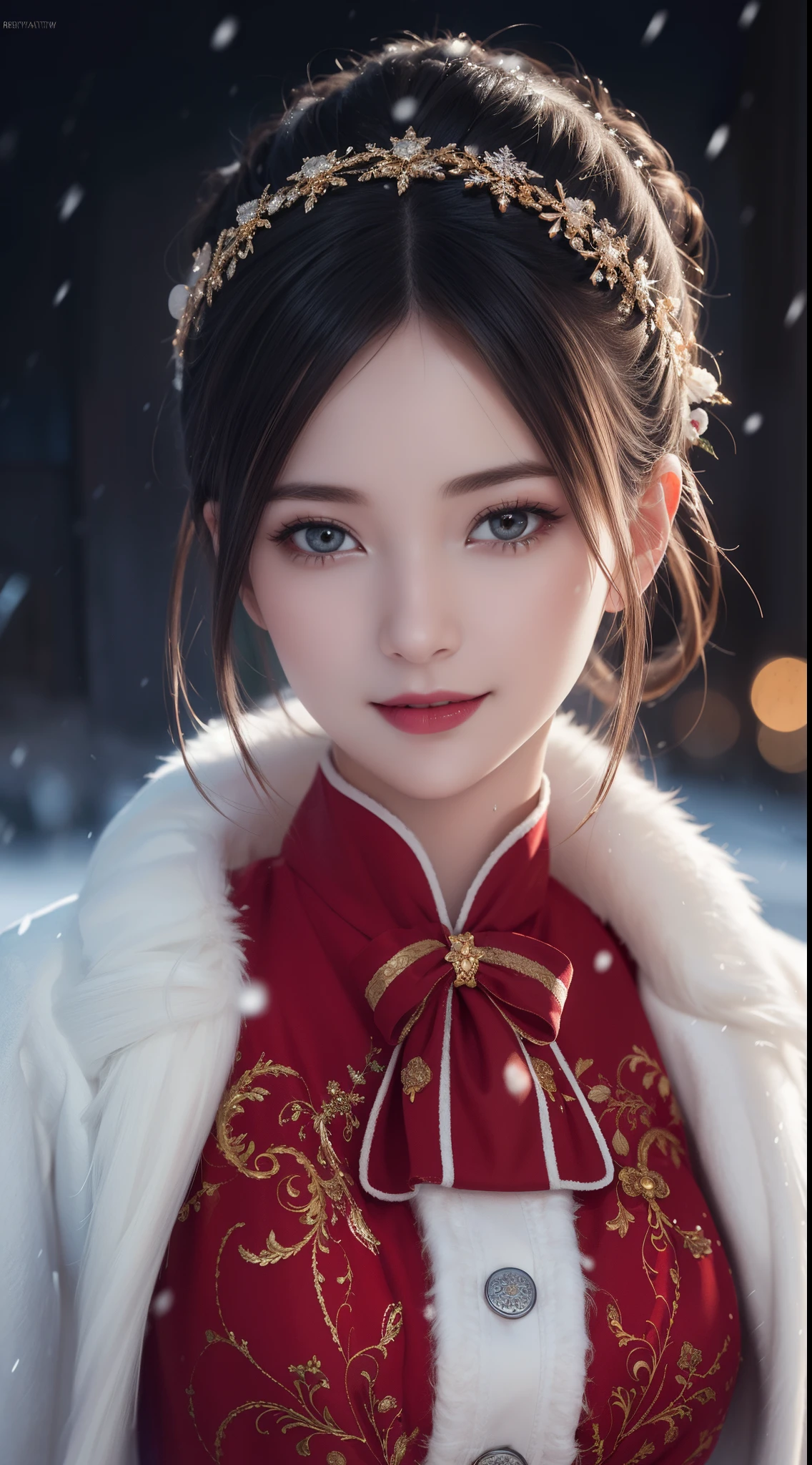 (Aesthetic, High Resolution: 1.2), beautiful 20 year old woman wearing an intricately detailed red boby Santa Claus costume, symmetrical costume structure, bright eyes, cheerful smile , hairstyle changes, snow is falling, snow in hair. Professional photographer, minimalism, concept art, intricate detail, 8k post-production, High Definition, Super Detail, trending on ArtStation, sharp focus, artistic dark studio photos , intricate detail, High detail, By Greg Rutkowski, Artistic bright and dark lowlights, Vivid colors. Outdoor winter scene with snow in the evening, A slight smile, True art, various hairstyles and color changes, Passionate mood, Seductive expressions, Sexy lips, Wet lips , Seductive closed eyes, Seductive appearance, suggestive posture.