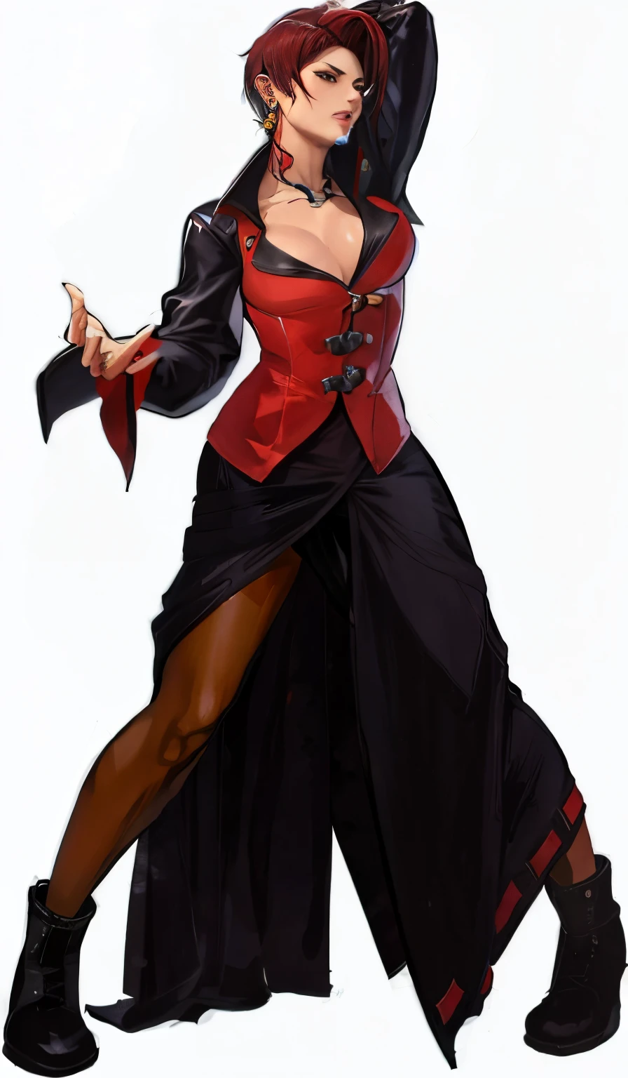 una mujer vestida de rojo y negro sostiene un cuchillo, Personaje de King of Fighters, Estilo Artgerm, Estilo Ivan Talavera y Artgerm, Personaje del juego de lucha, Estilo Artgerm, Estilo King of Fighters, Mai Shiranui, Artgerm extremadamente detallado, guilty gear art style, En el estilo Artgerm