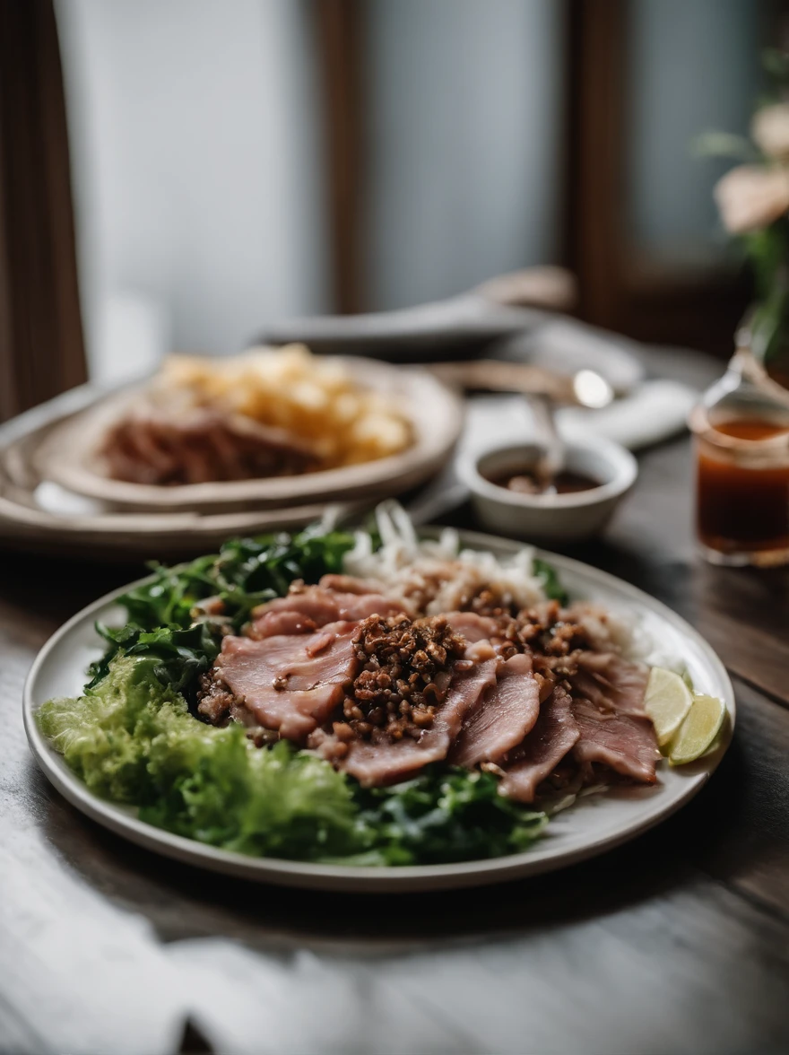 At the dinner table, A plate of Korean food, Topped with thin meat slices, Minced meat, Greens, and shallots.